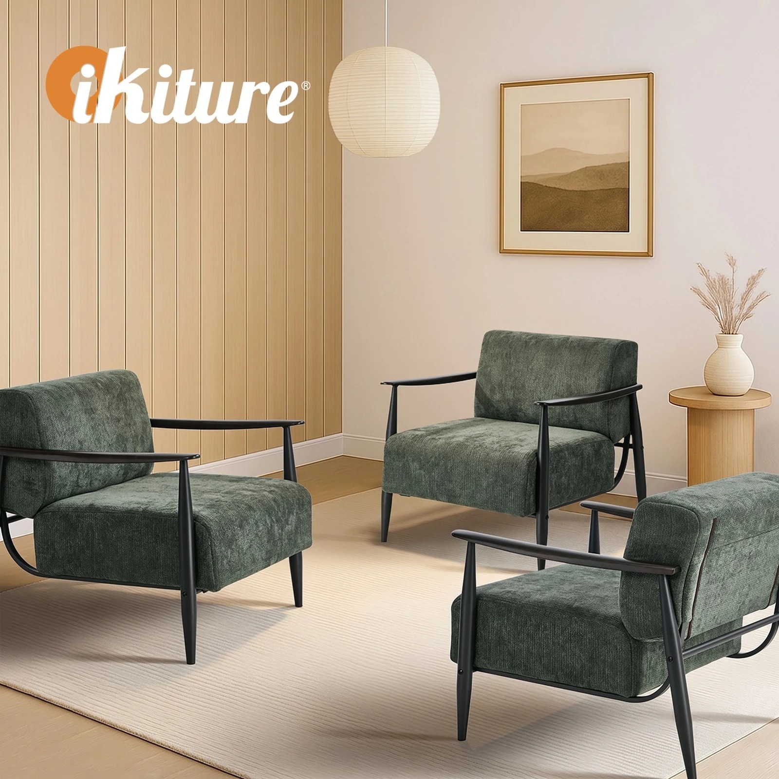 6 Oikiture Wooden Armchair Lounge Sofa Chair Fabric Accent Armchairs - Green, 6 of 10