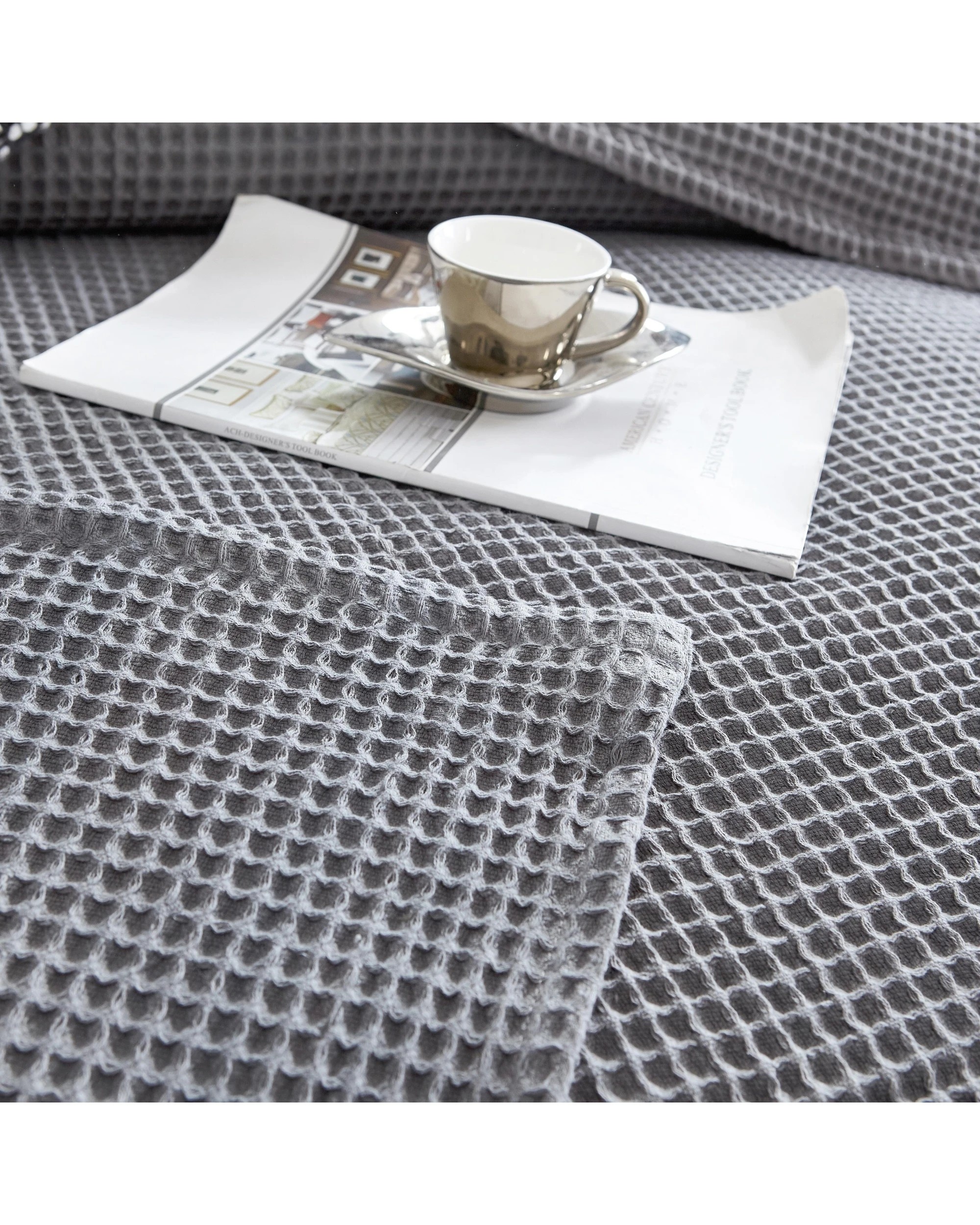 6 Cotton More 100% Cotton Large Chunky Waffle Blanket 350gsm Super King Dark - Grey, 6 of 6