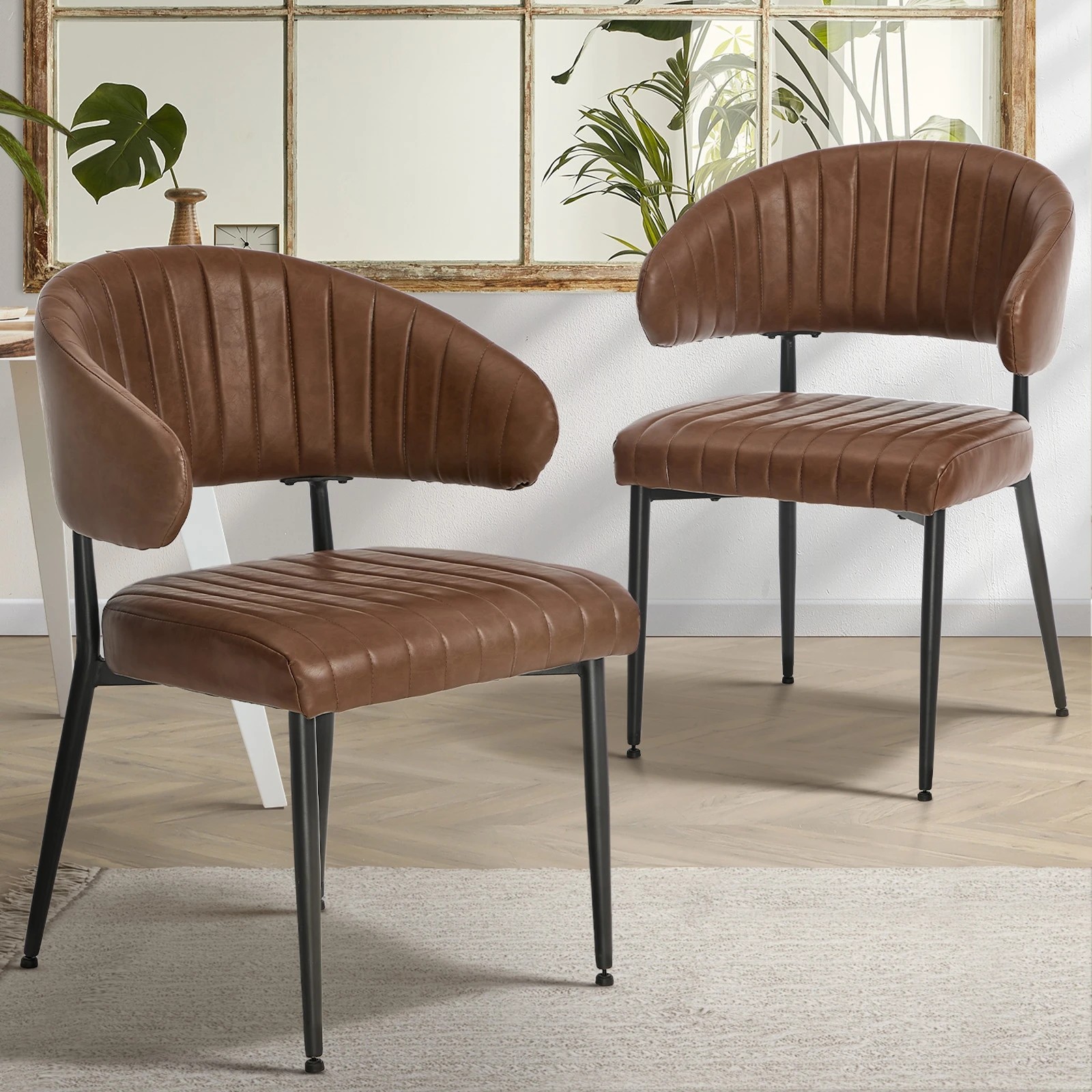 3 Oikiture 2x PU Leather Dining Chair Kitchen Padded Seat - Brown, 3 of 9