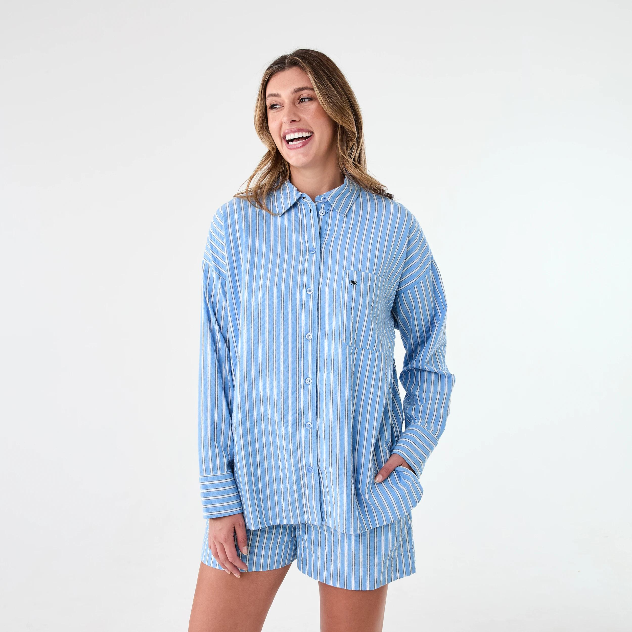 2 Long Sleeve Oversized Seersucker Shirt Strp Blu, 2 of 9