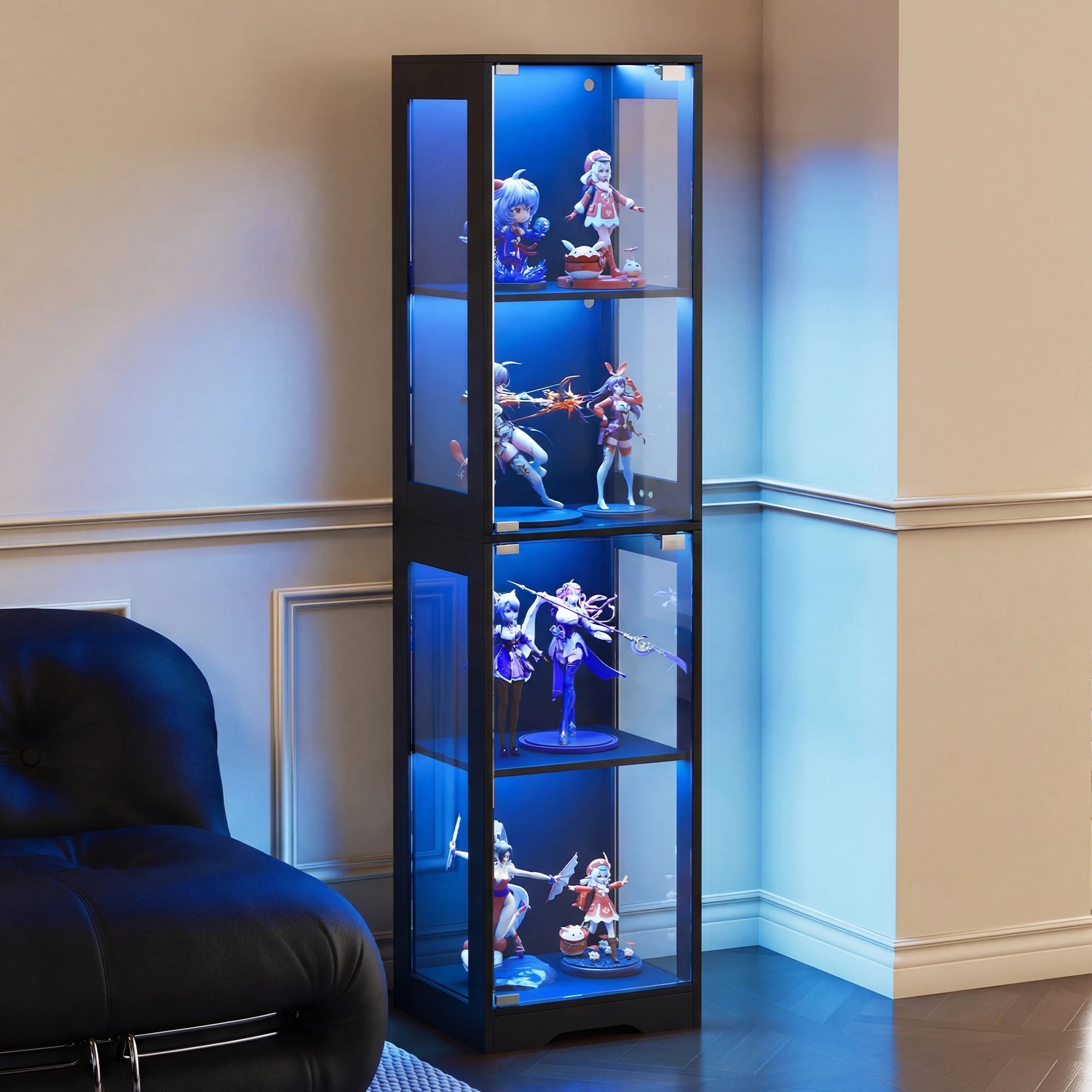5 Advwin 4 Tier LED Glass Display Cabinet 160cm High Tall Storage Bookshelf - Black, 5 of 9