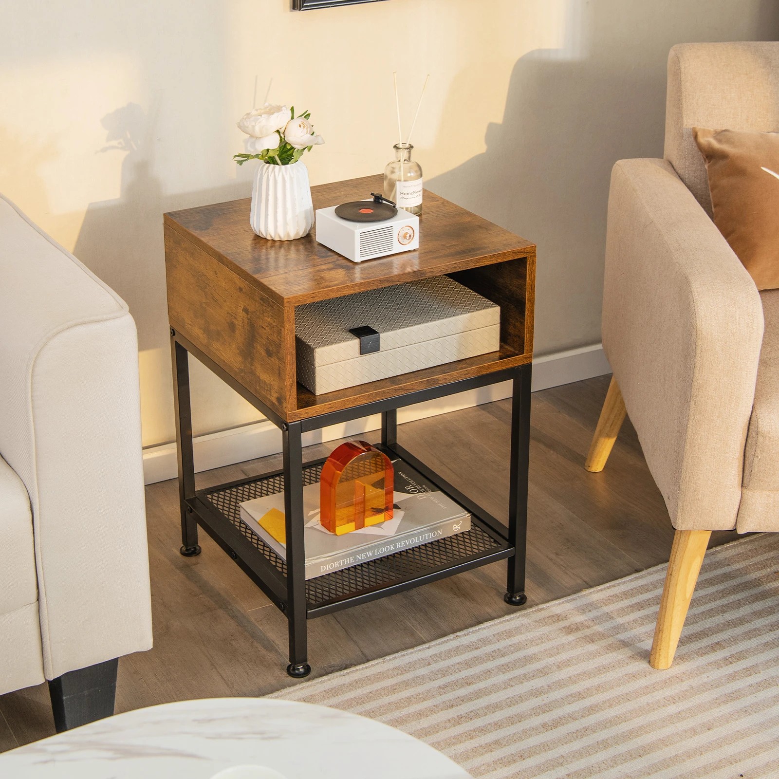 3 Costway Retro End Bedside Table Nightstand w/Mesh Shelf & Storage Cube Sofa Side Table, 3 of 3