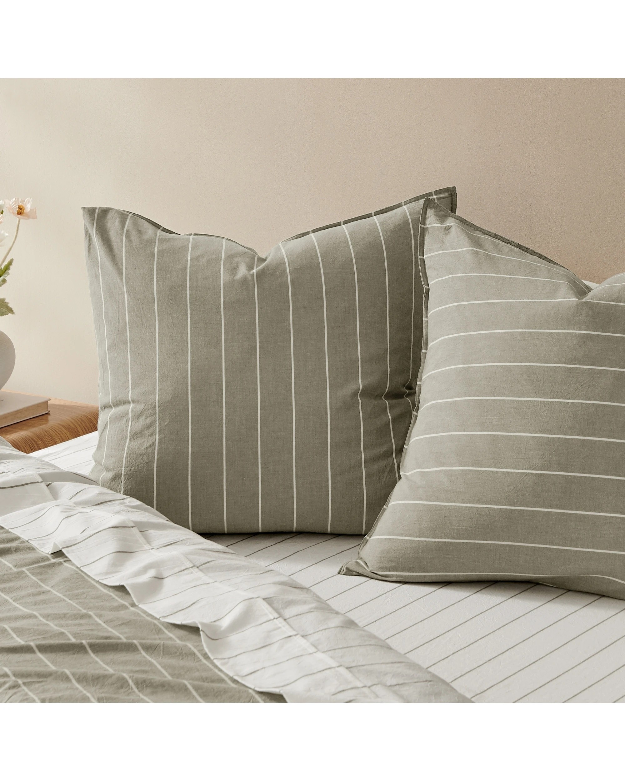 3 Dreamaker Rumi Stripe Washed Cotton Reversible European Pillowcase Twin Pack - Olive with White, 3 of 4