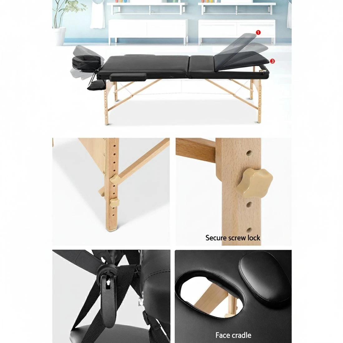 5 Zenses Massage Table 70cm Portable 3 Fold Wooden Beauty Bed - Black, 5 of 8