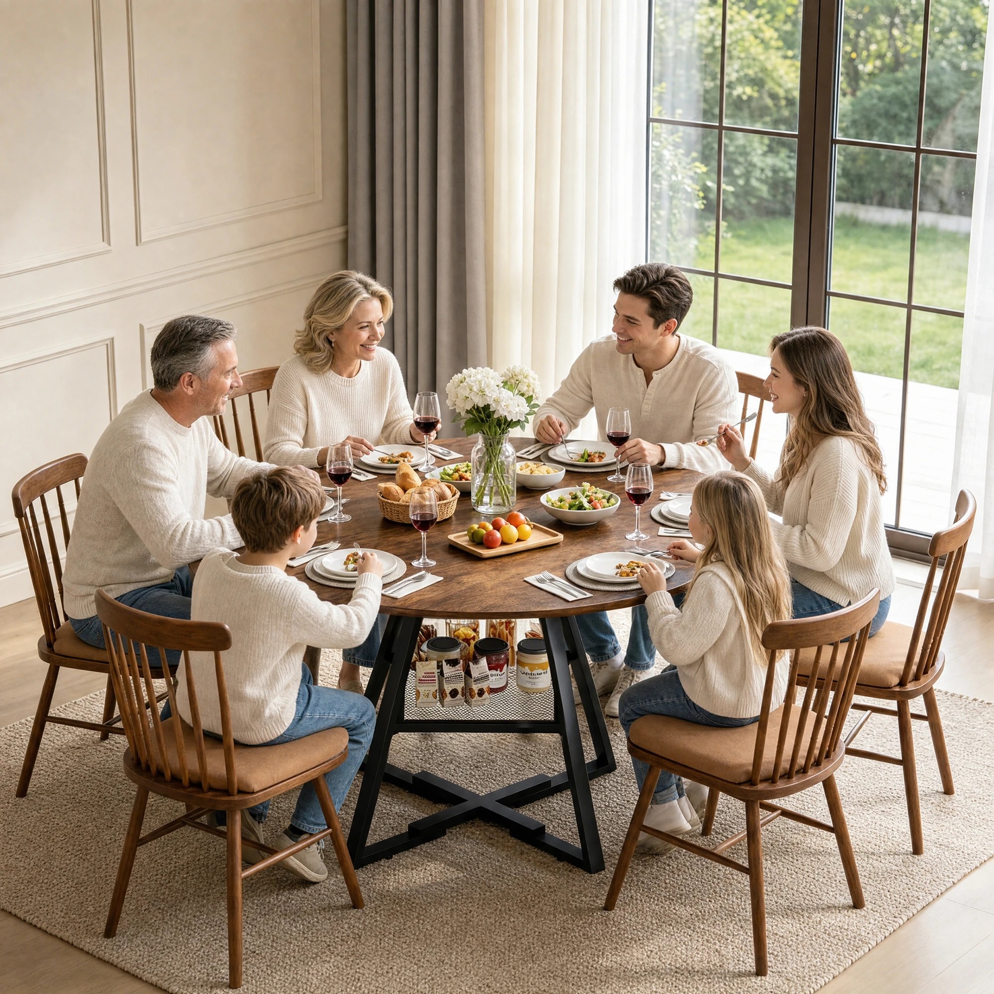 4 Advwin 107cm Round Dining Table for 4-6 People Industrial Kitchen Table Circle Dinner Table - Brown, 4 of 6