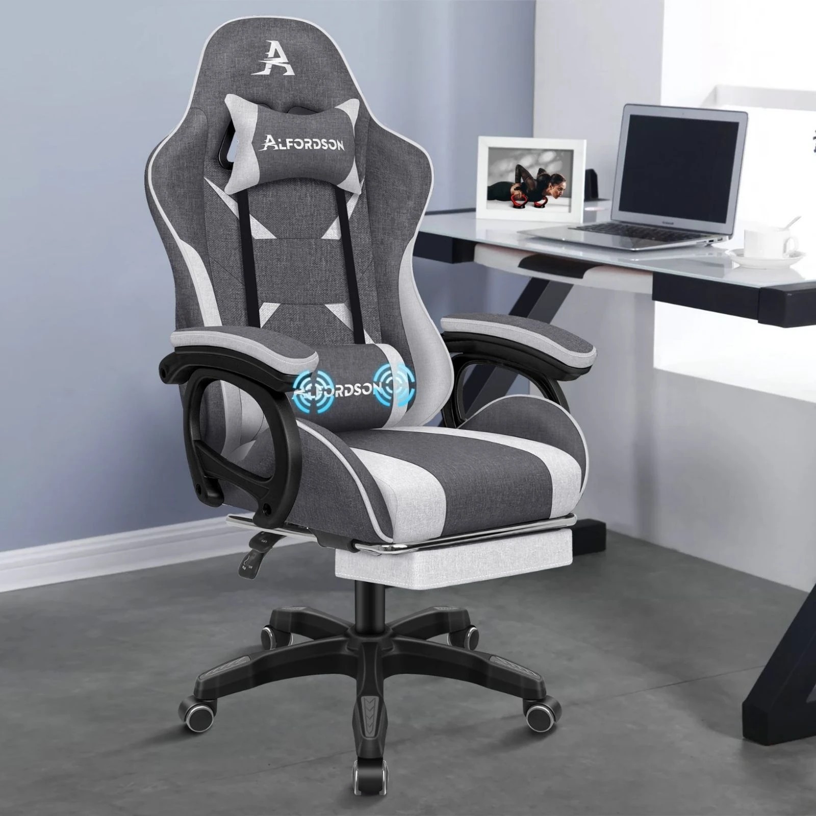 9 Alfordson Gaming Chair Office Massage Computer Fabric Seat Racing - Grey, 9 of 10