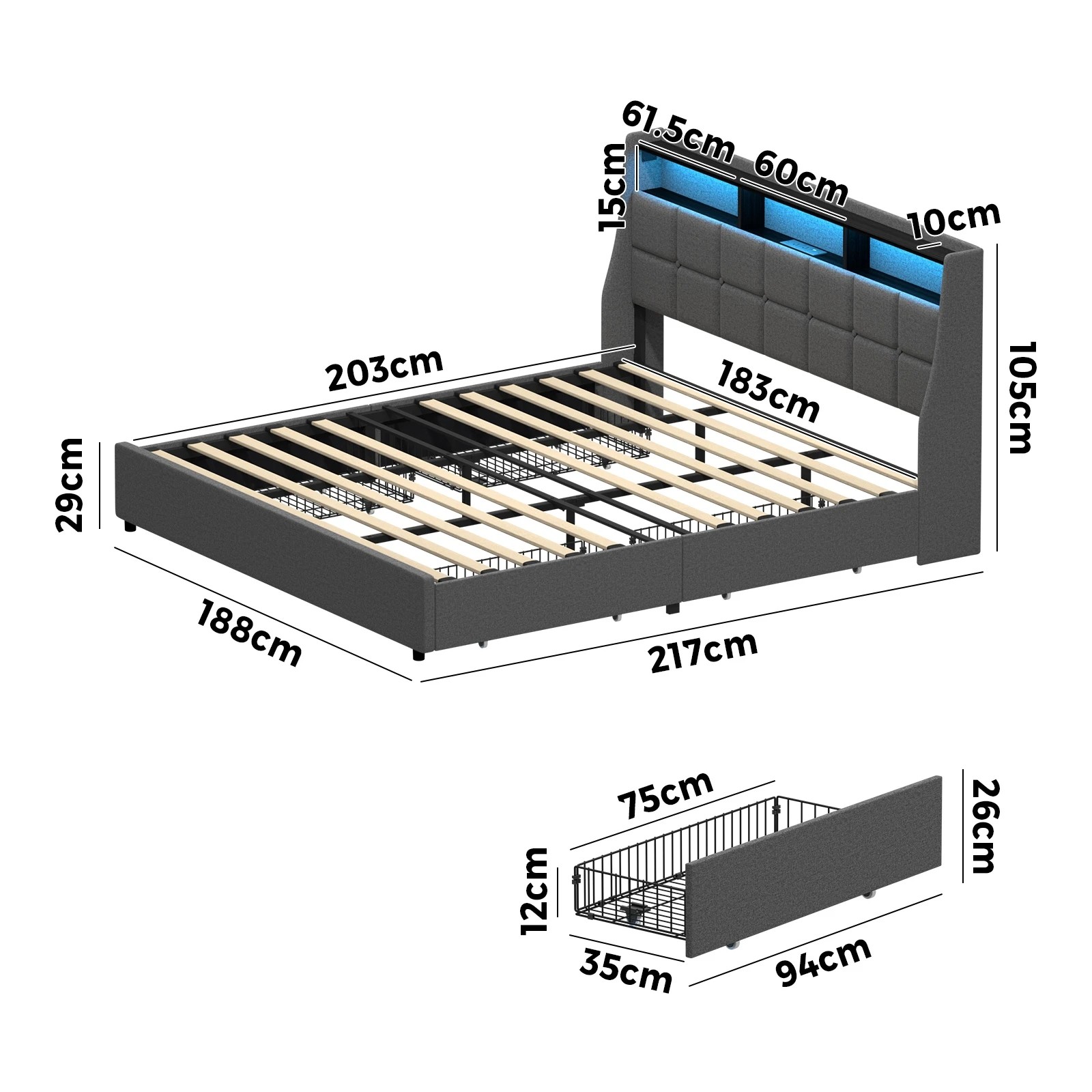 2 Oikiture King Size Bed Frame with LED Lights and Storage Headboard & 4 Drawers- Grey, 2 of 7
