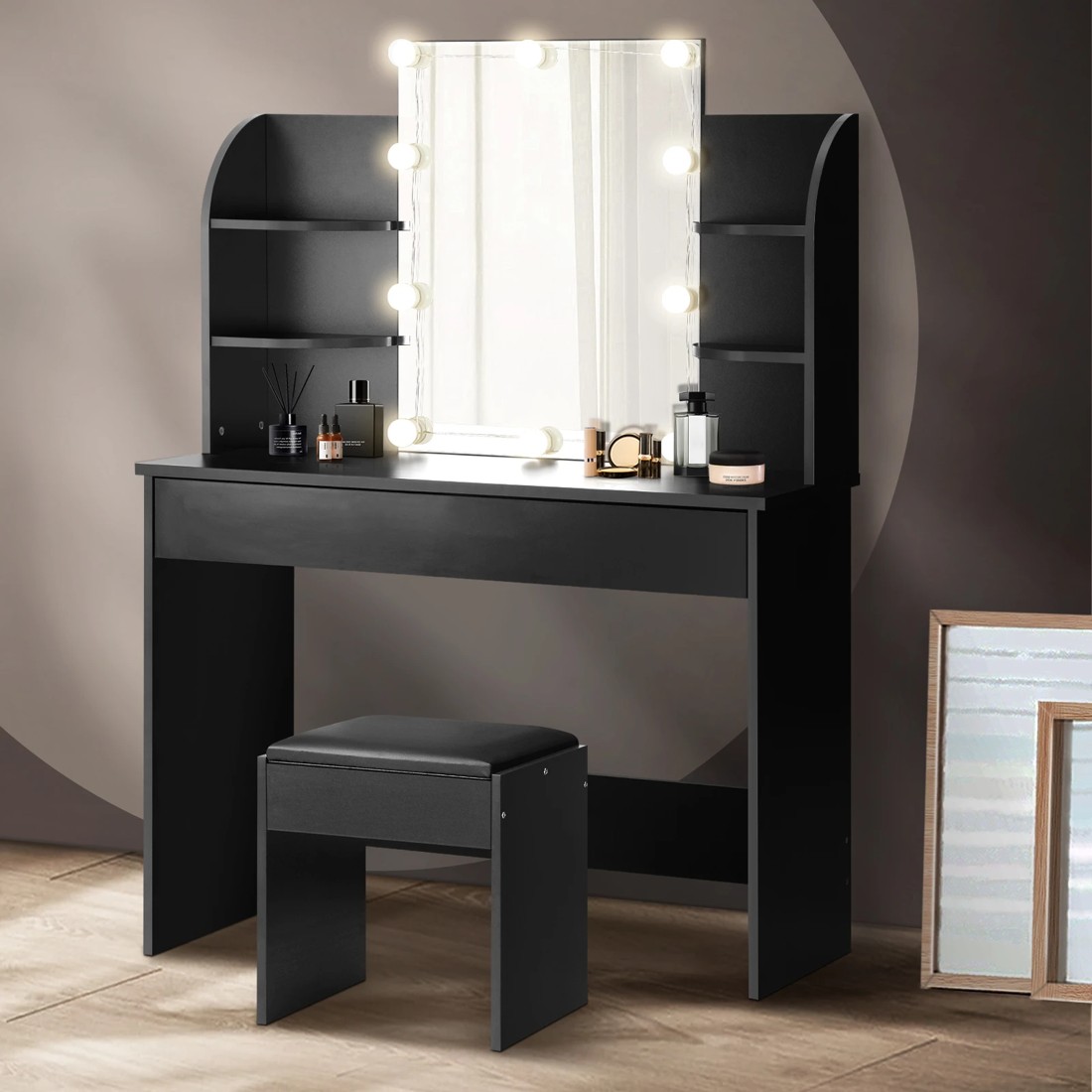 2 Oikiture Dressing Table Stool Set Makeup Mirror Storage Drawer 10led Bulbs
 - Black, 2 of 9