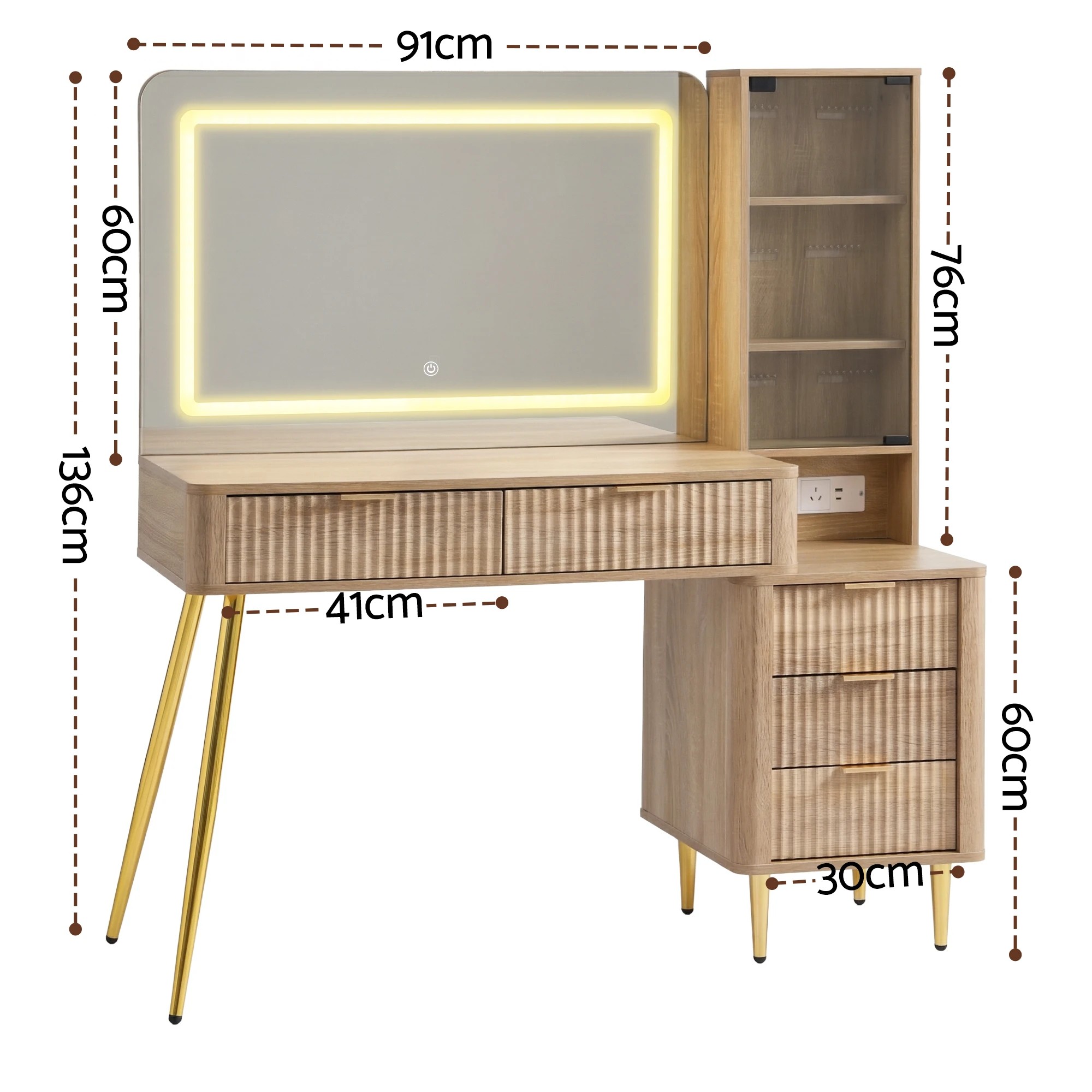 2 Artiss Dressing Table LED Vanity Desk Charging Station - Natural, 2 of 3