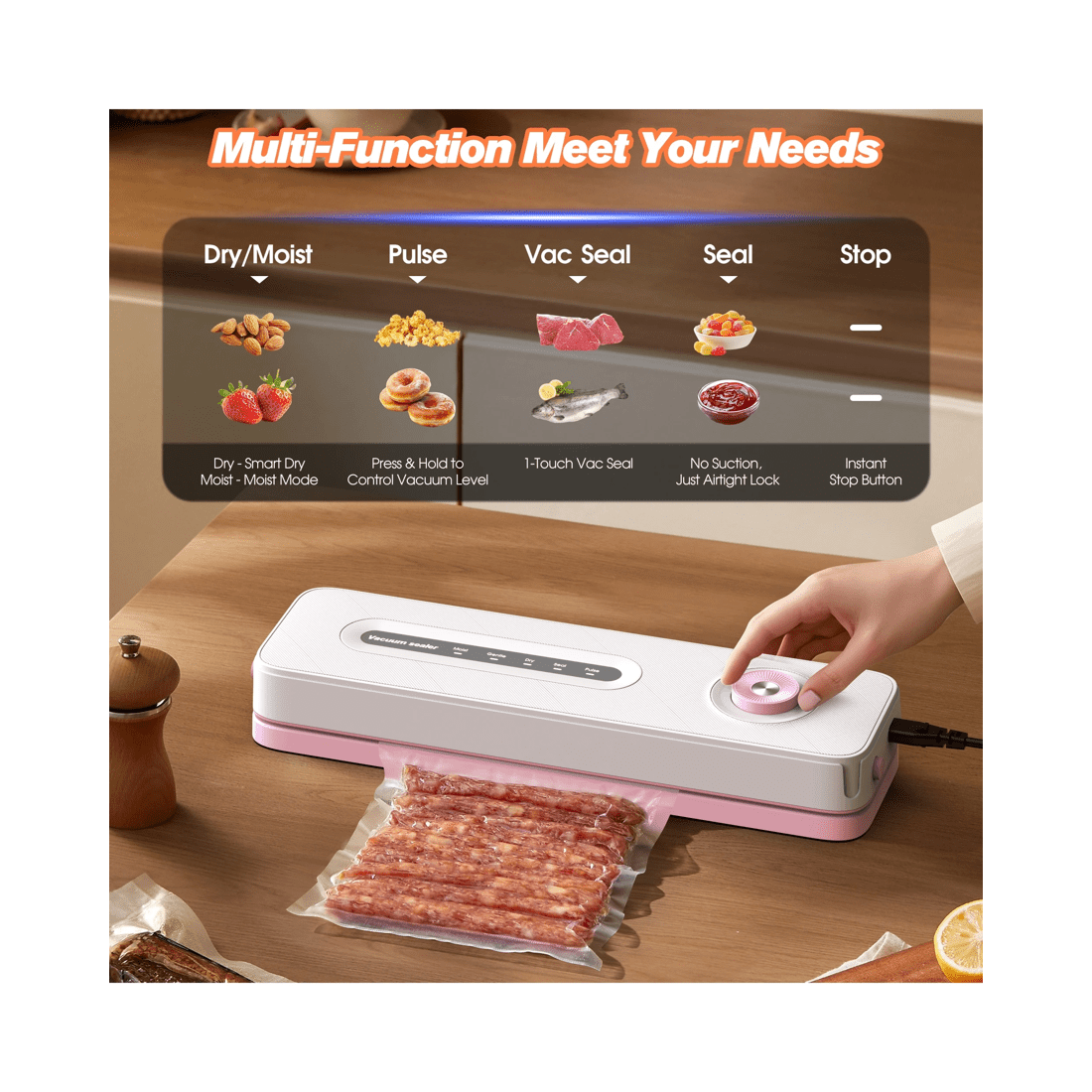 2 Advwin Vacuum Sealer Machine, 60kpa Food Sealer With 20 Vacuum Bags, Pink, 2 of 7