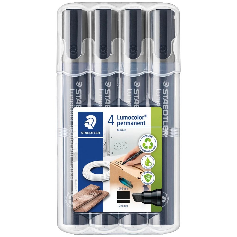 1 Staedtler Lumocolour Permanent Marker Chisel Black 4 Pack, 1 of 7