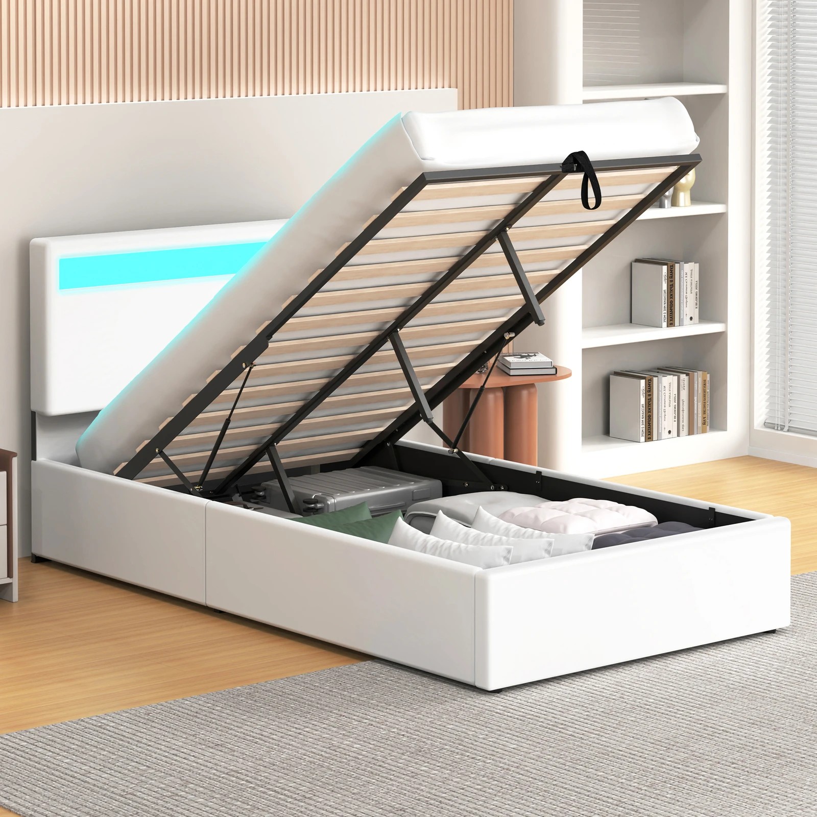 4 Alfordson Bed Frame King Single RGB LED Gas Lift Storage Base Luchino - White, 4 of 10