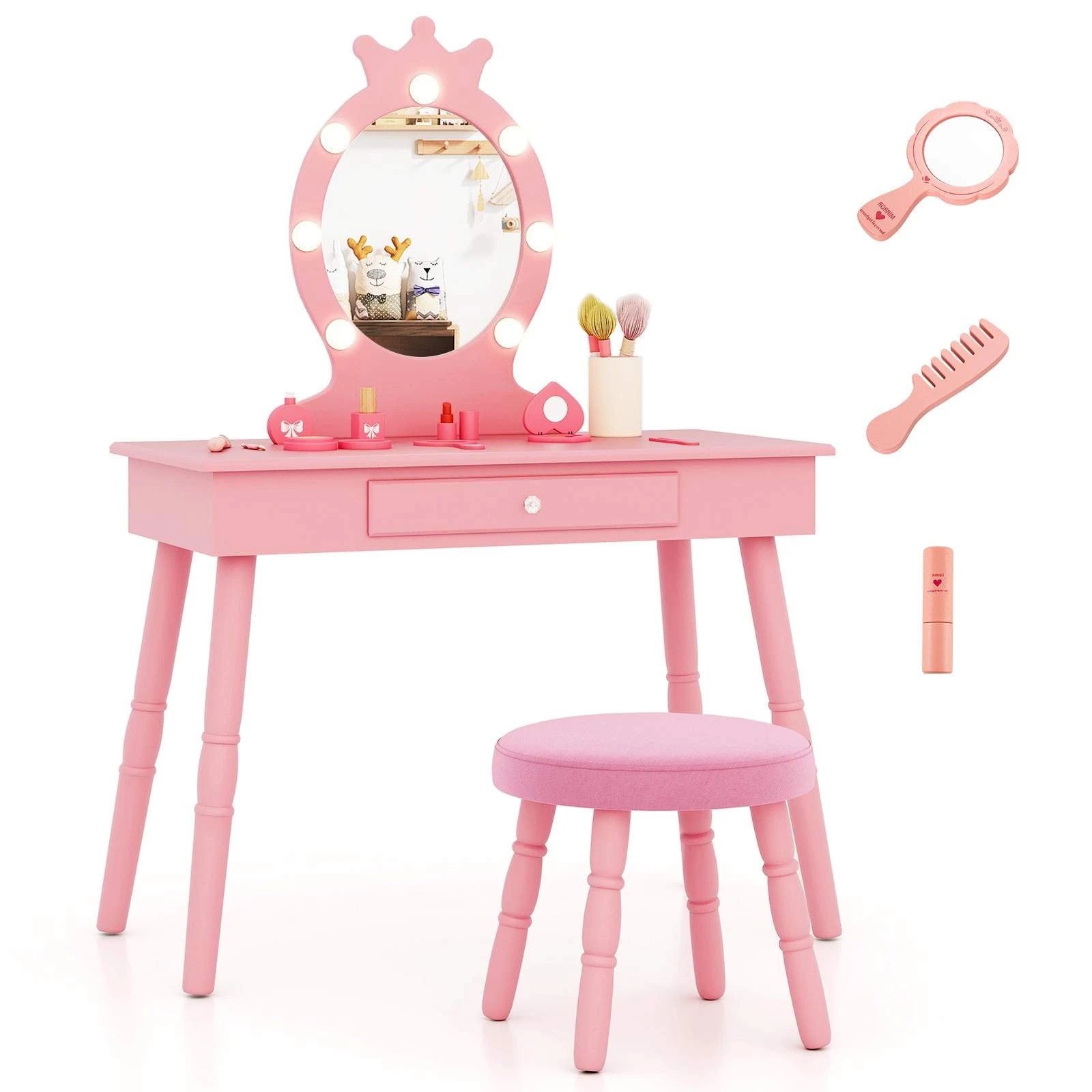 1 Costway 2-in-1 Vanity Princess Makeup Dressing Table Set w/Mirror - Pink, 1 of 1