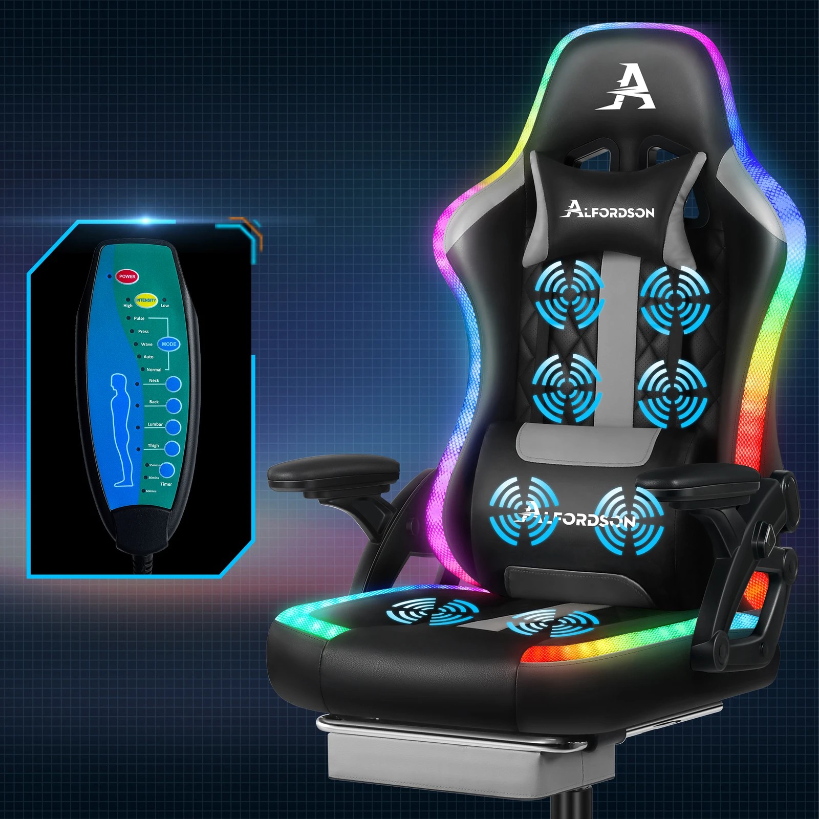 3 Alfordson Gaming Chair Office Massage 12 RGB LED Computer Leather - Grey, 3 of 10
