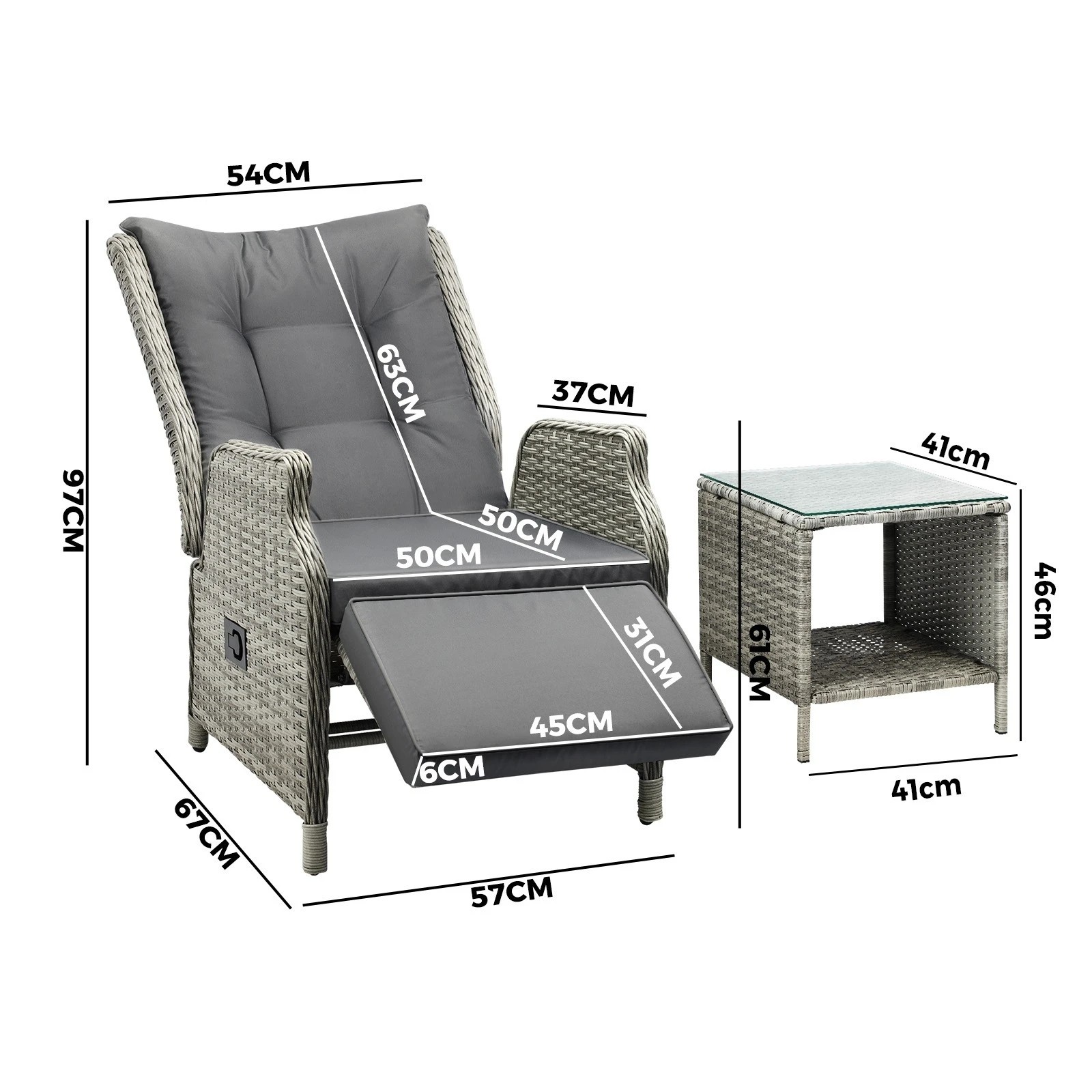 3 Livsip Outoodr Recliner Chair Sun Lounge & Table Set Utdoor Furniture Patio Sofa
 - Grey, 3 of 10