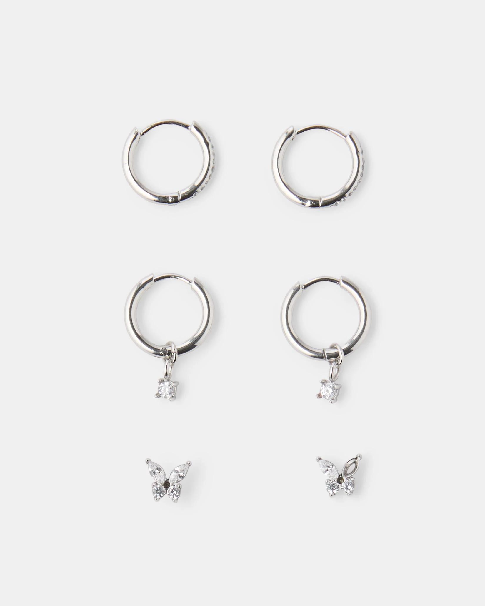 1 3 Pack Waterproof Stainless Steel Butterfly Earrings - Silver Tone Silver, 1 of 3