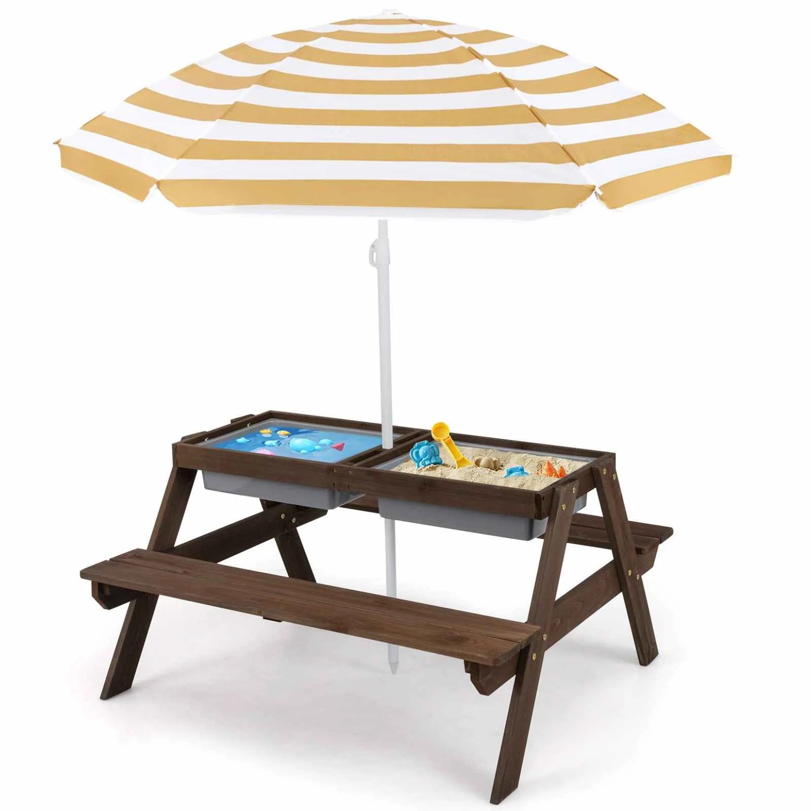 1 Costway 3-in-1 Picnic Table Chairs Set w/Umbrella & Bench - Brown, 1 of 1