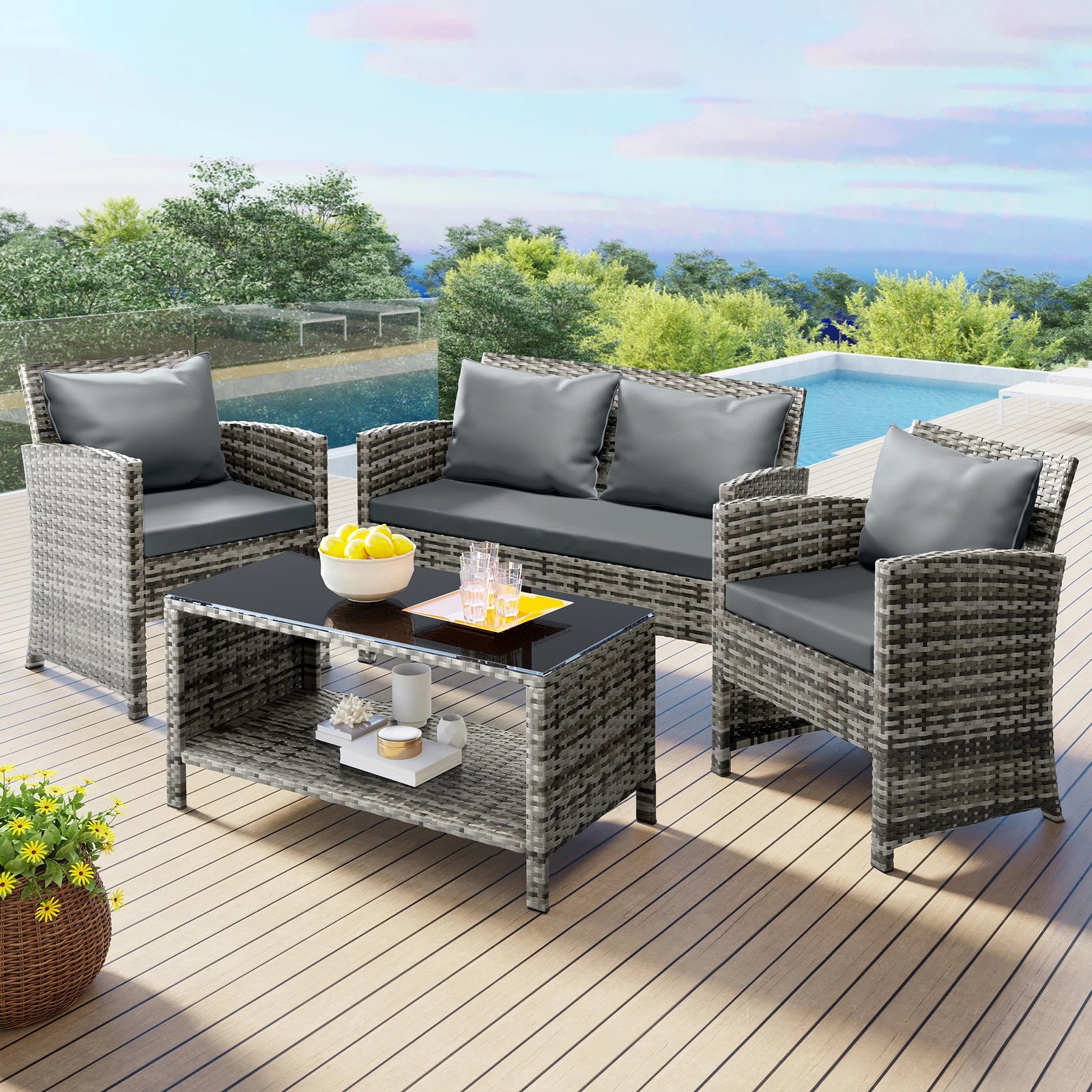 2 Alfordson Outdoor Furniture 4PCS Garden Patio Chairs Table Set Wicker With Pillow - Mixed Grey, 2 of 10