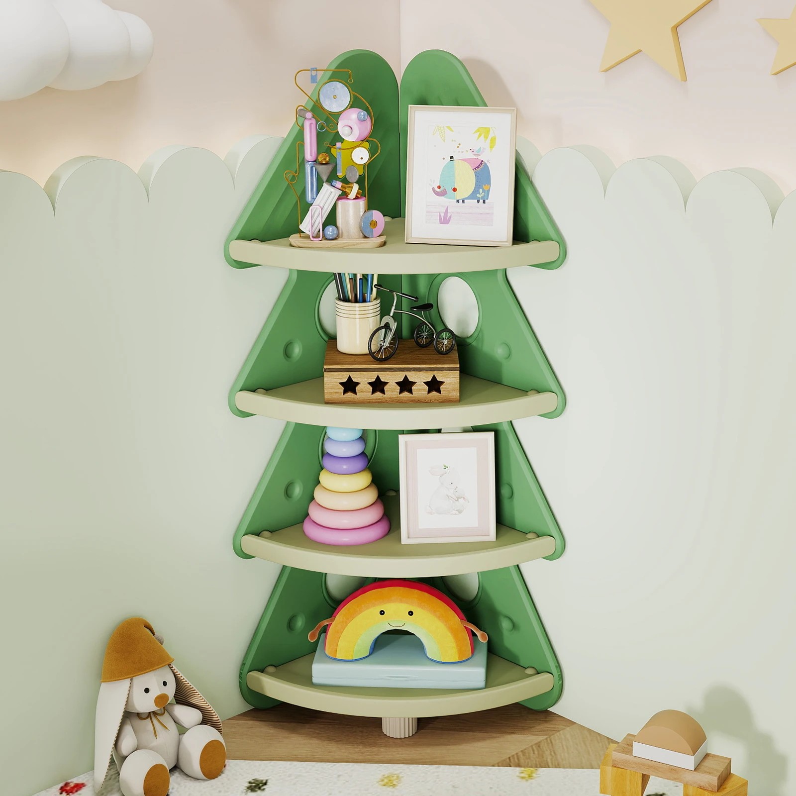 2 Costway Christmas Tree Bookcase 4-Tier Corner Display Shelf - Green, 2 of 3