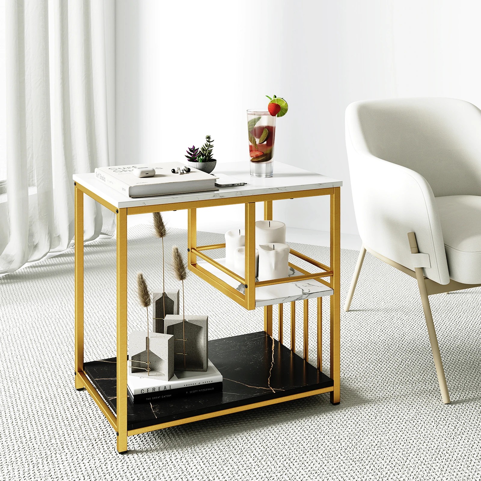 3 Costway Side Coffee Table Sofa End Table Faux Marble Bedside Table w/Shelf, 3 of 5