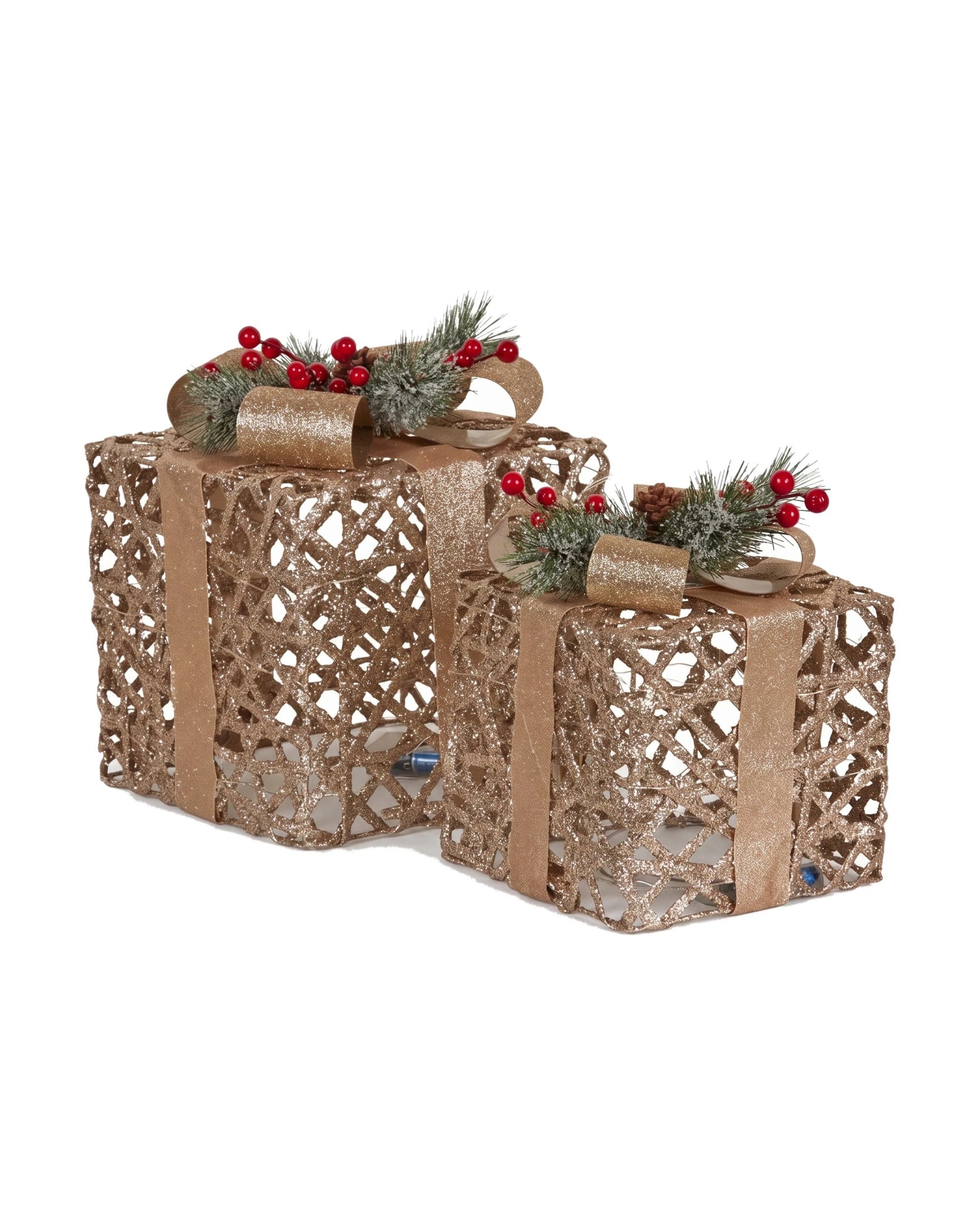 1 Christabelle 2 Pale Champagne Christmas Gift Boxes Light Up Display 35cm 28cm Indoor Xmas Festive Decoration - Gold, 1 of 5