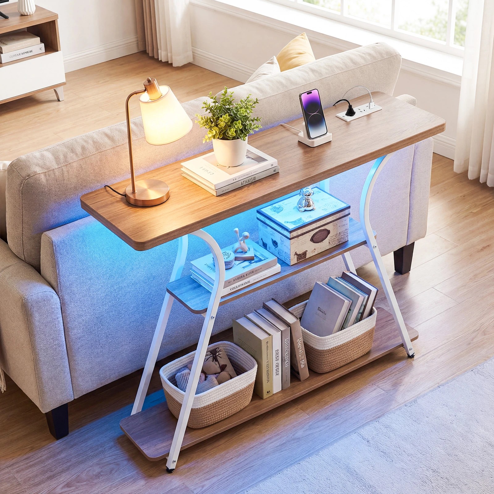 3 Costway 3-Tier Console Table w/Power Outlets LED Narrow Behind Couch Table - Natural, 3 of 6