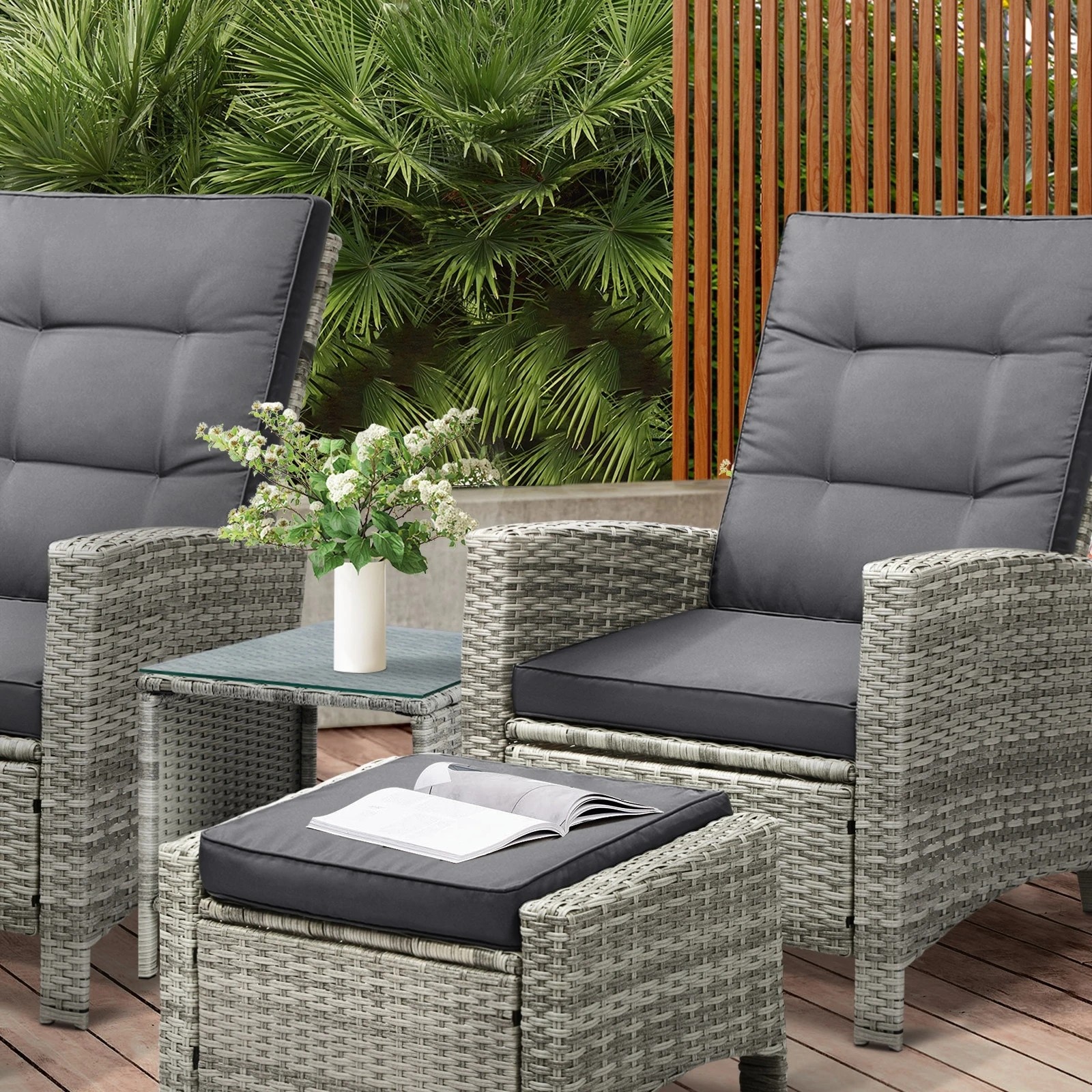 8 Livsip Recliner Chair Outdoor Sun Lounge Setting Wicker Sofa Patio Furniture 3pc
 - Grey, 8 of 10