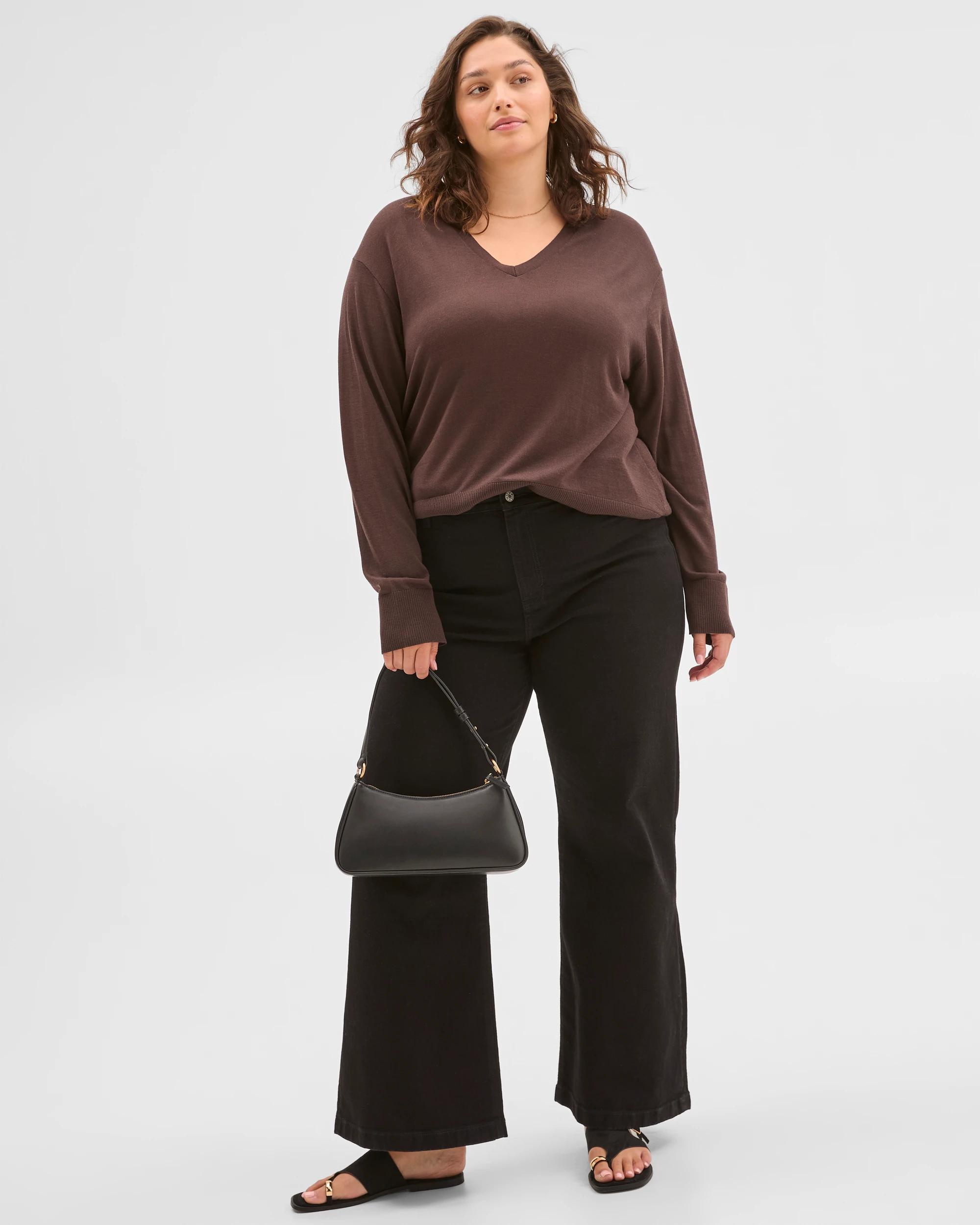 3 Target Curve Plus Size Australian Merino Wool Blend Long Sleeve V-Neck Top BLACK COFFEE, 3 of 6