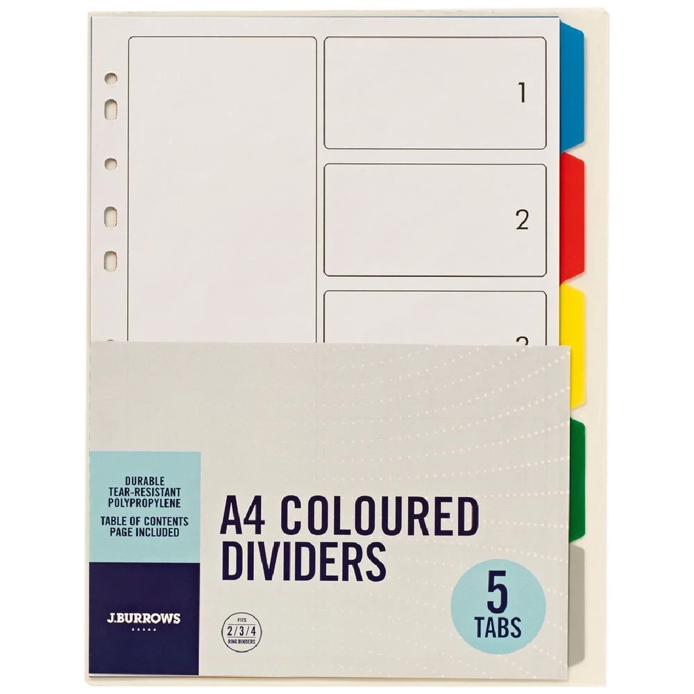 1 J.Burrows A4 5 Tab Dividers Polypropylene, 1 of 3