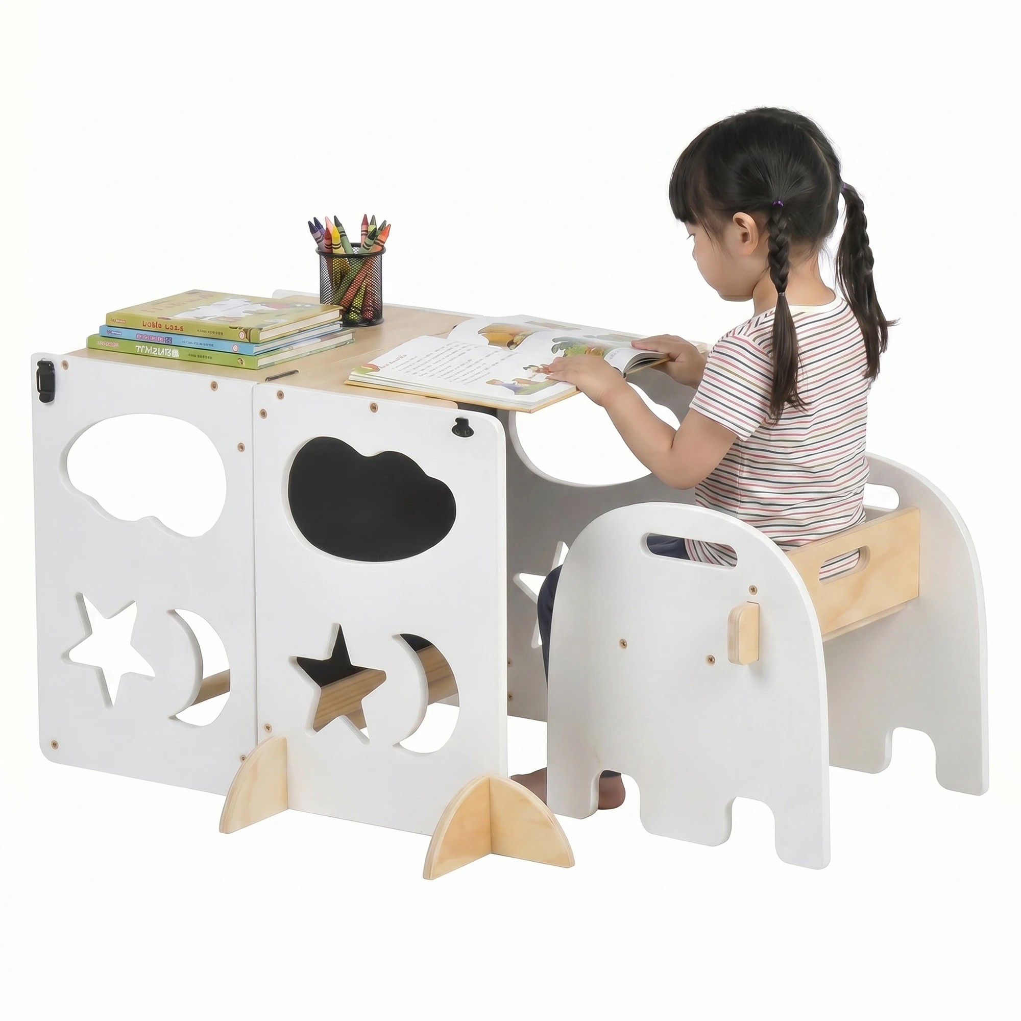 7 Advwin Toddler Kitchen Step Stool Helper w/ Double Blackboard & Safety Rail Foldable Standing Learning Tower - White, 7 of 7