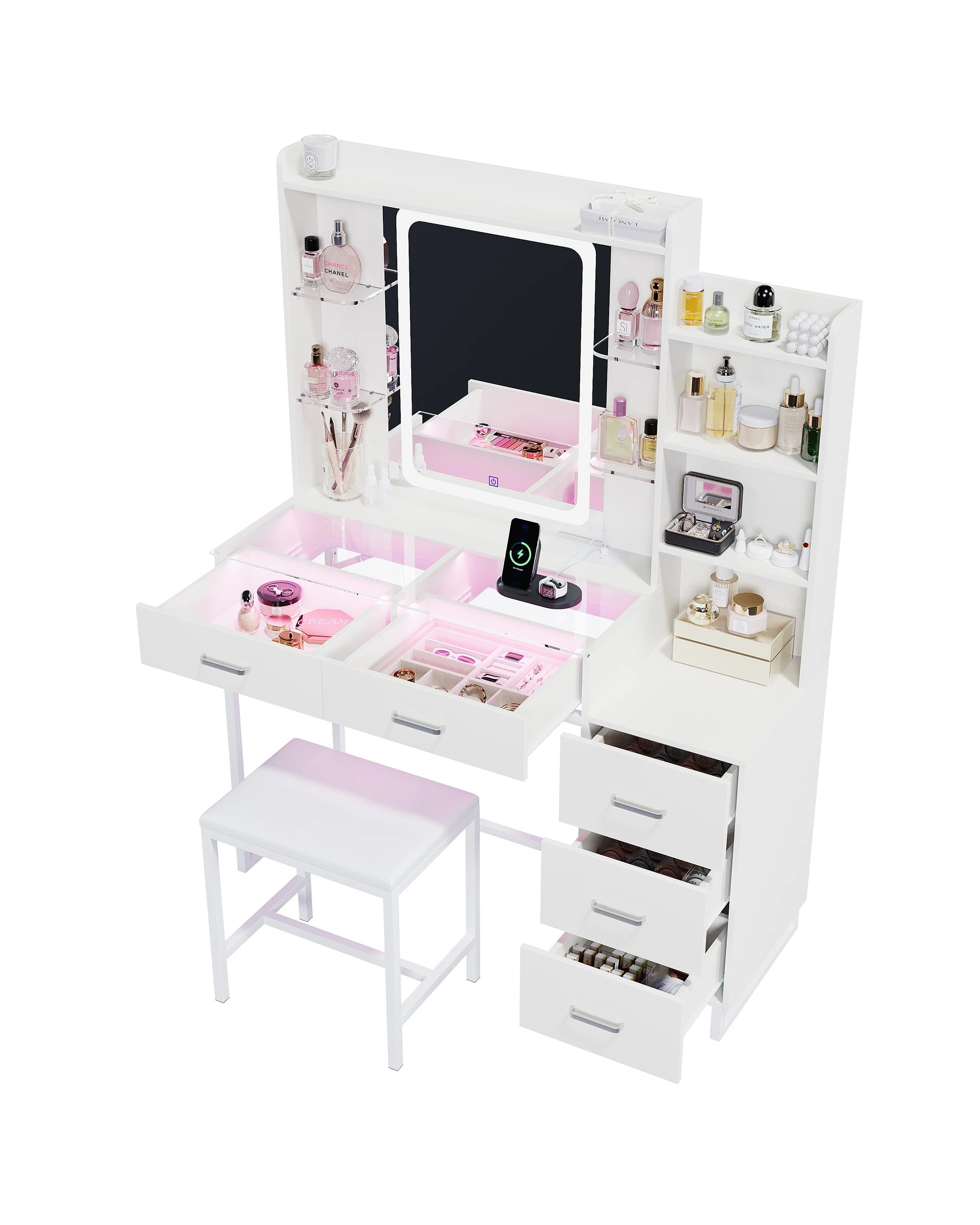 8 Advwin Dressing Table Vanity Desk Glass Top Drawer Wireless Charging LED Light - White, 8 of 10