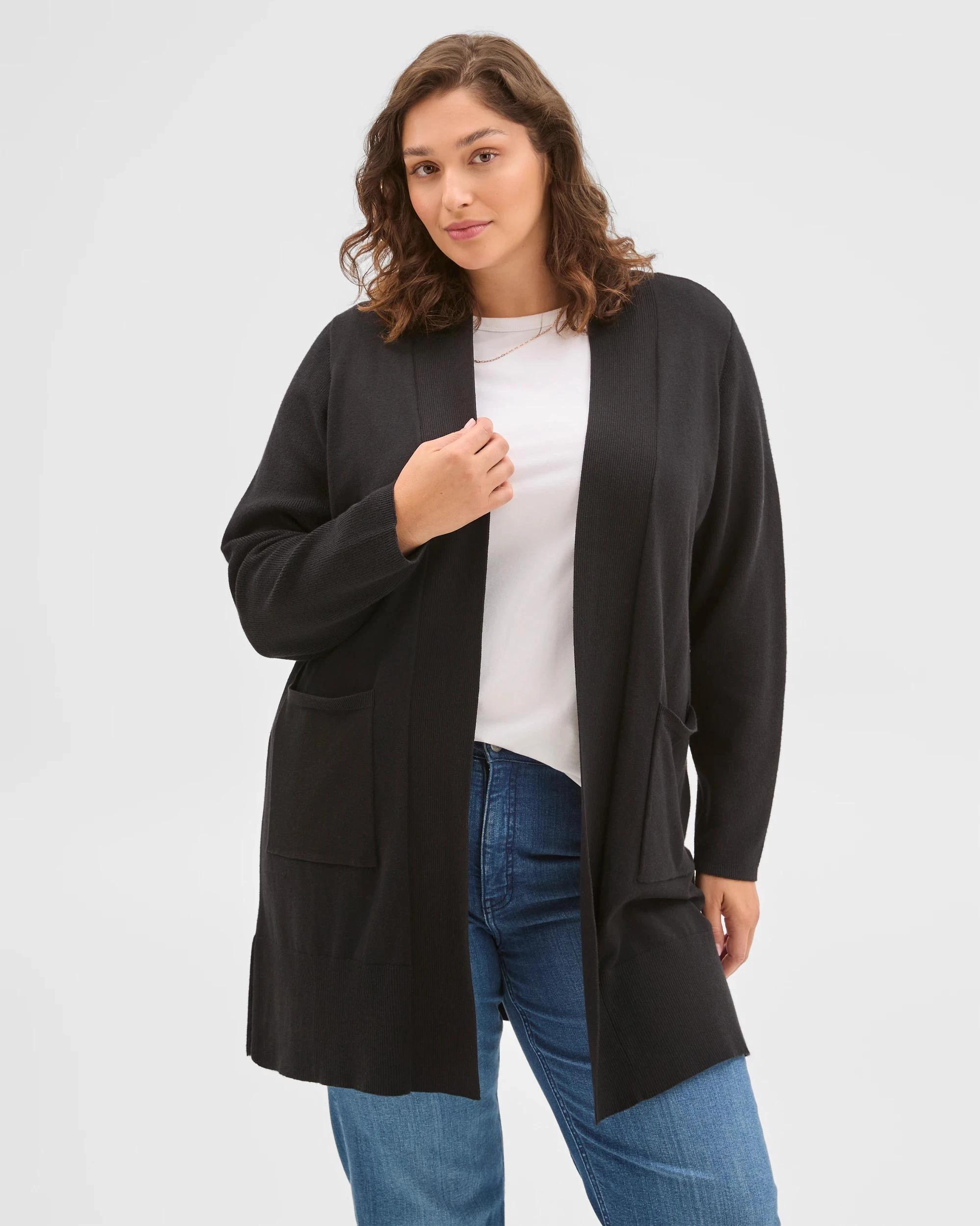 3 Target Curve Curve Australian Cotton Blend Edge To Edge Longline Rib Cardigan BLACK, 3 of 6