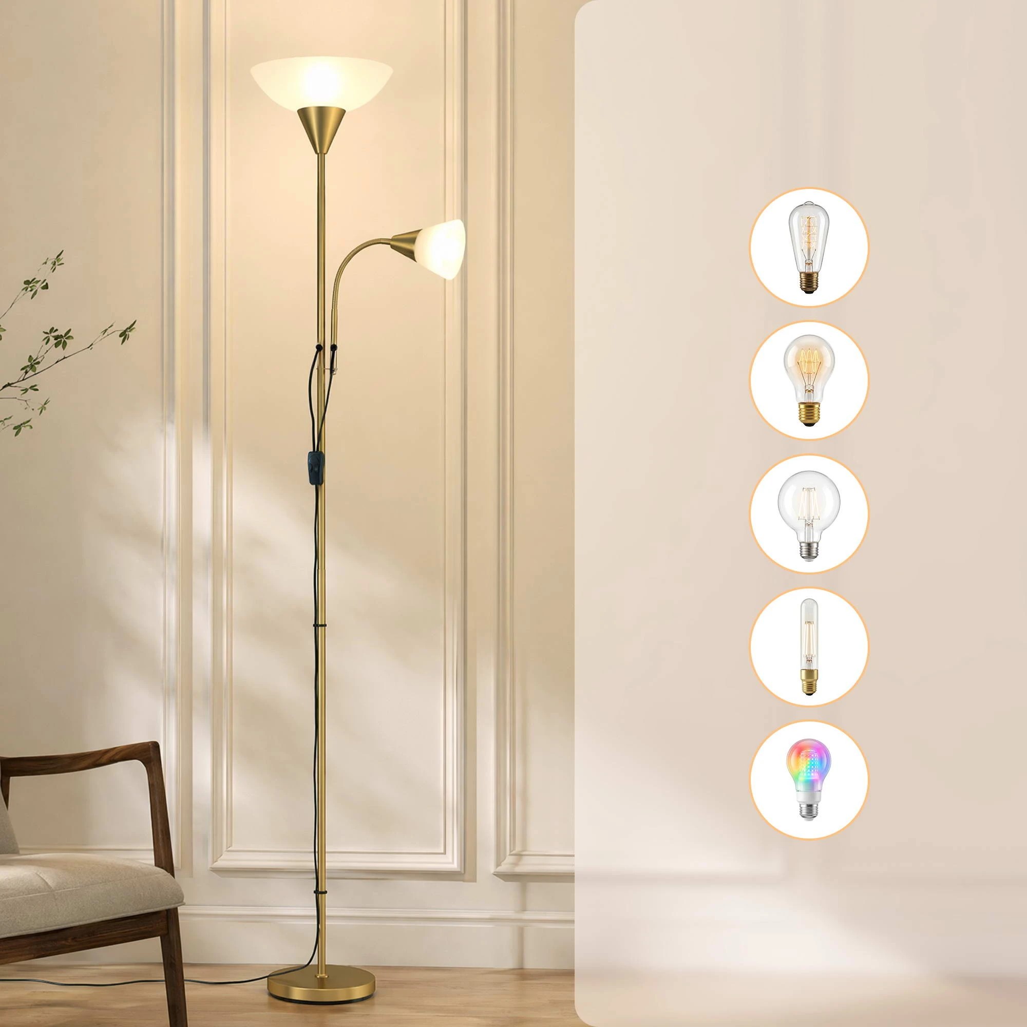 5 Artiss Gold Floor Lamp with Reading Light Mother and Child Standing Lamp Home Living Room Office - Gold, 5 of 8