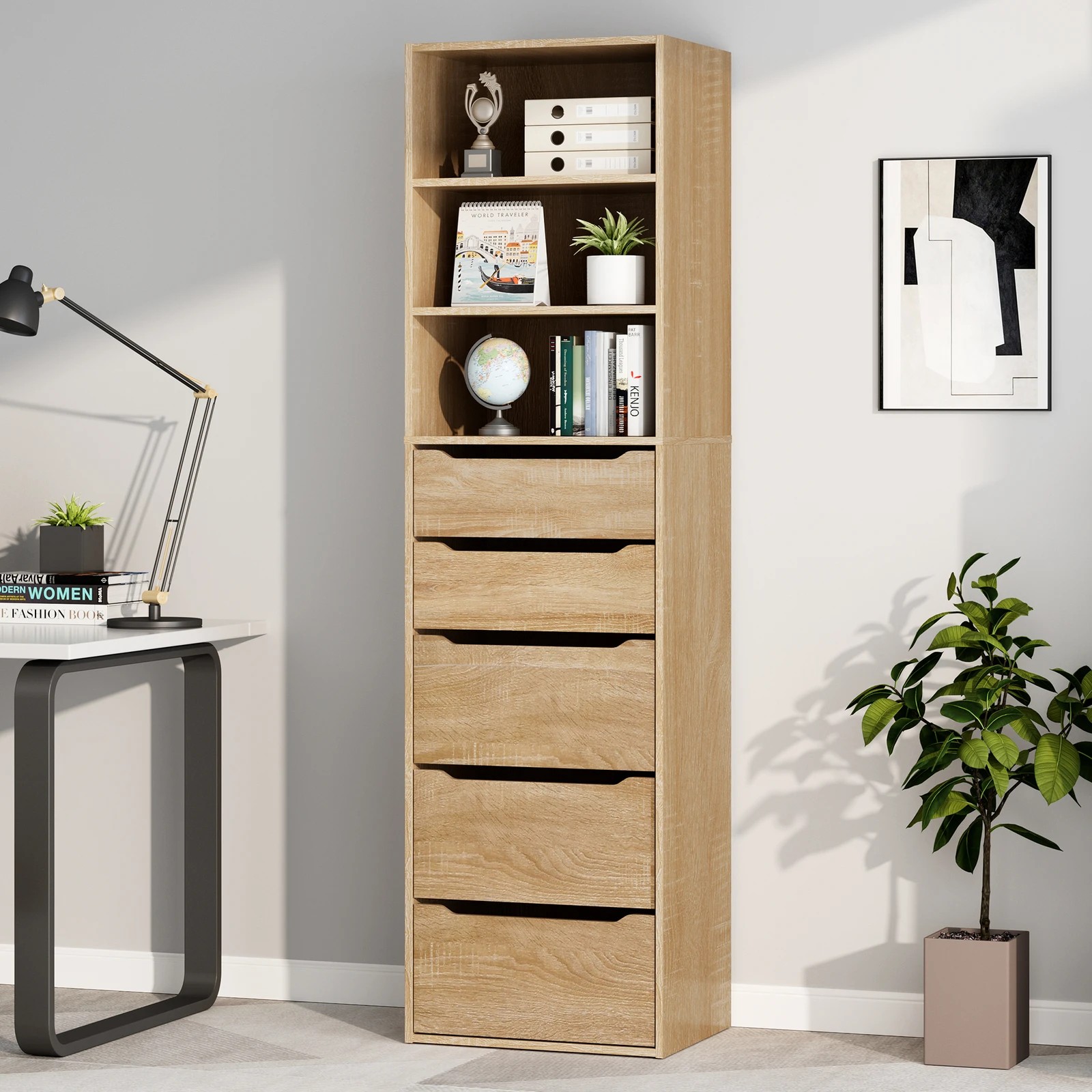 10 Alfordson Chest of 5 Drawers Office Storage Cabinet Tallboy Bedroom - Oak, 10 of 10