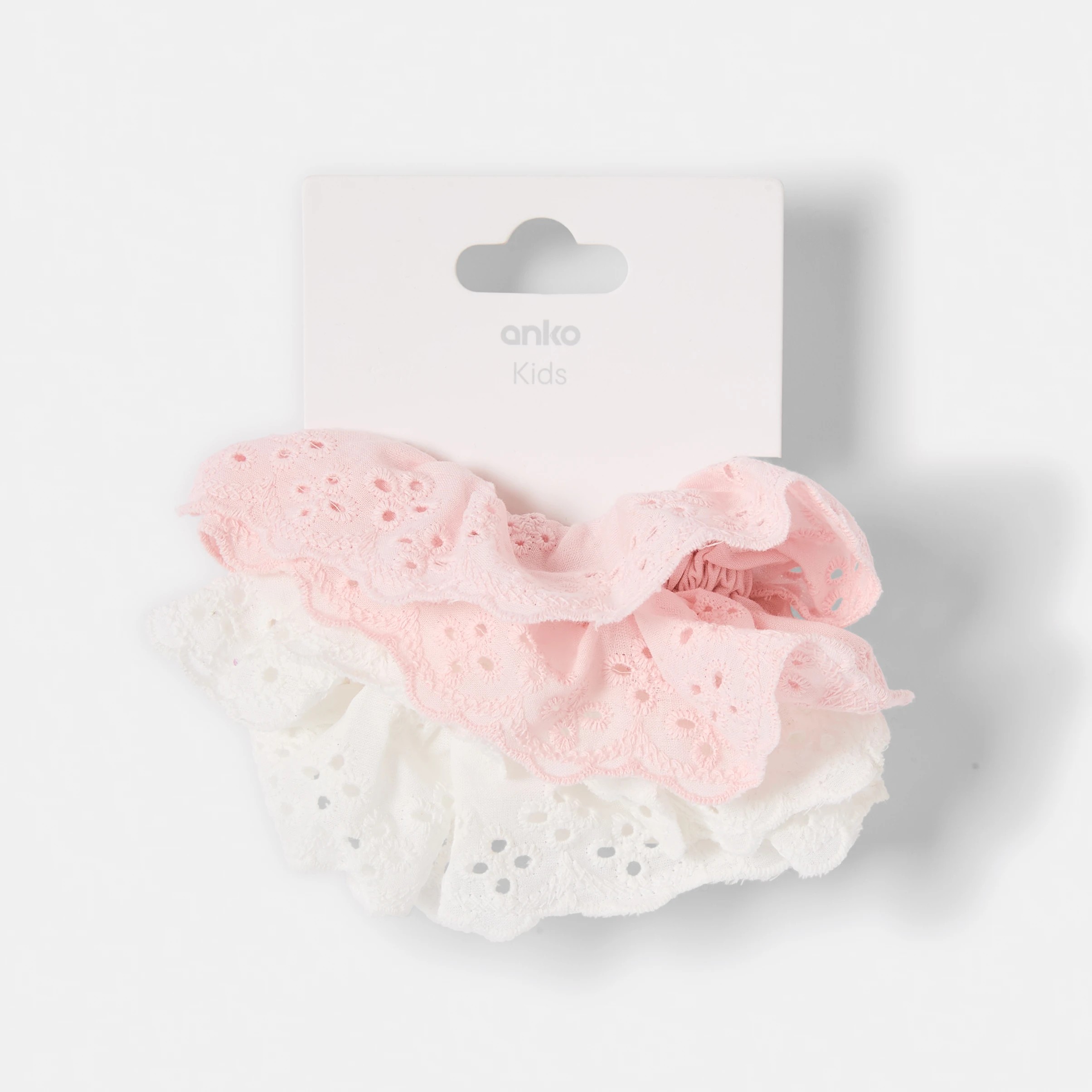 3 2 Pack Broderie Hair Scrunchies - White and Pink, 3 of 3