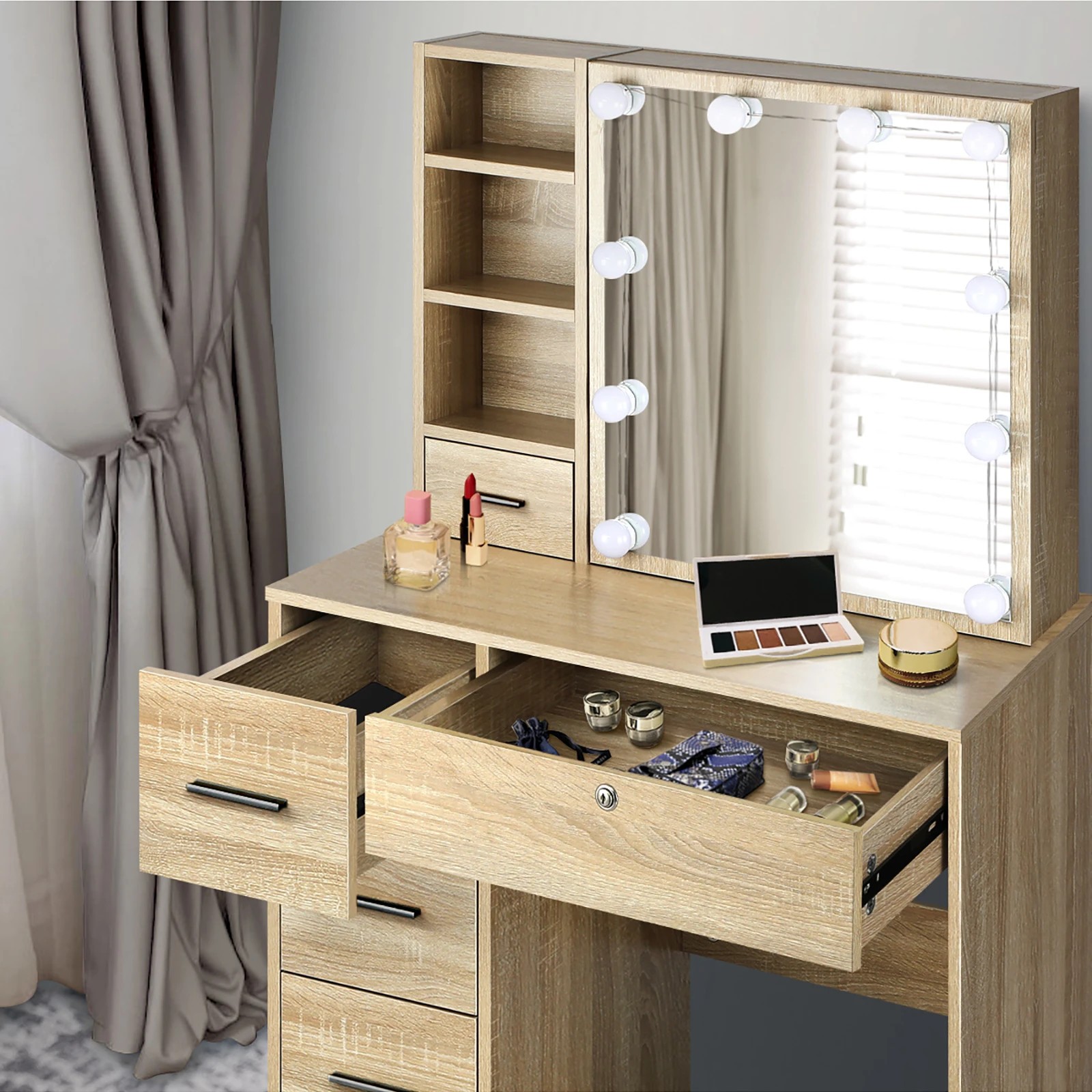 5 Oikiture Dressing Table Stool Set Makeup Slide Mirror Drawer 10 Led Bulbs Wooden
 - Natural, 5 of 9