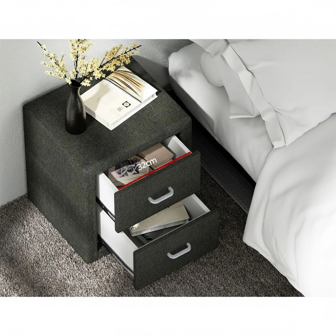 4 Artiss Bedside Table 2 Drawers Fabric - CADEN - Charcoal, 4 of 6