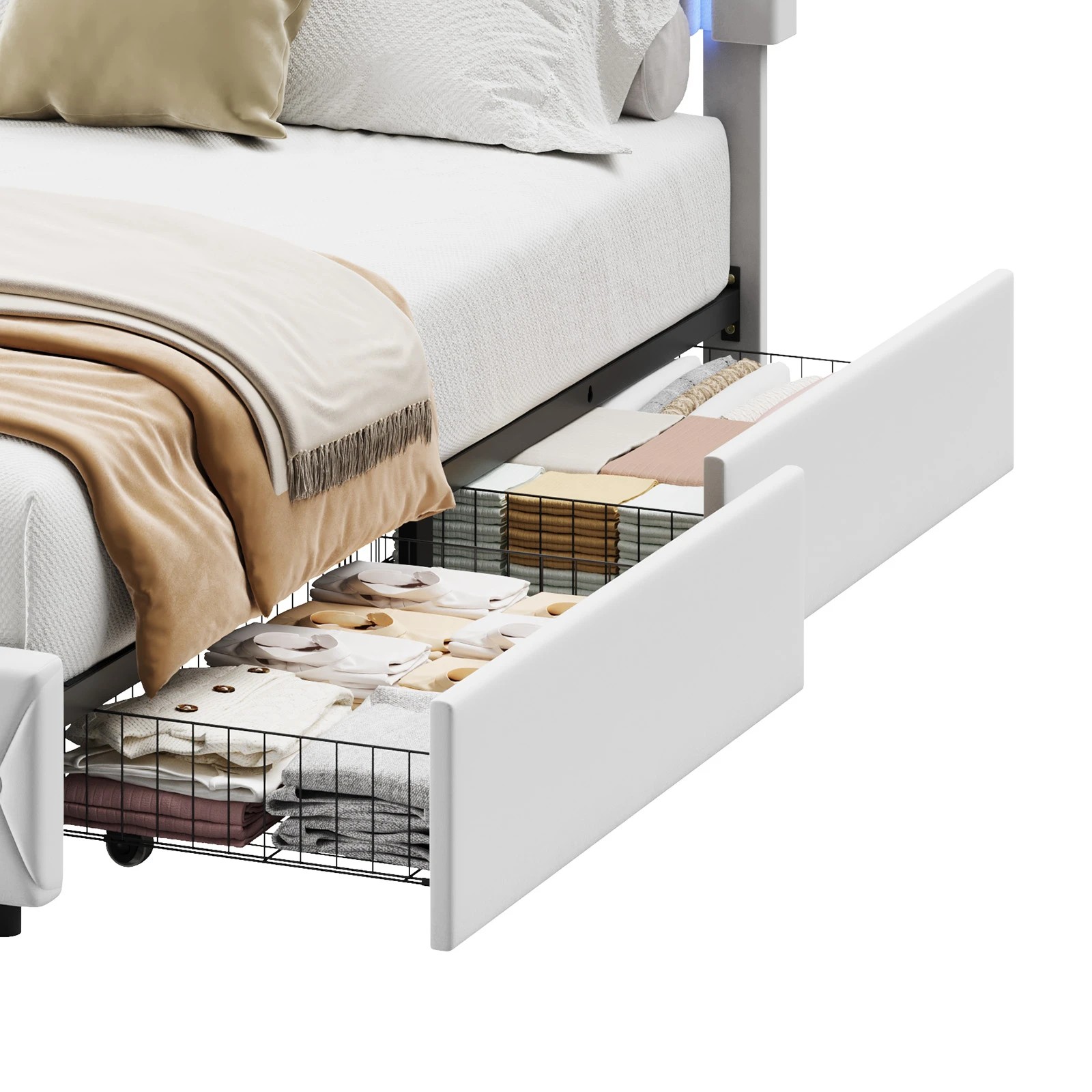 5 Advwin Queen Velvet LED Bed Frame with Drawers and Charging - Beige, 5 of 8