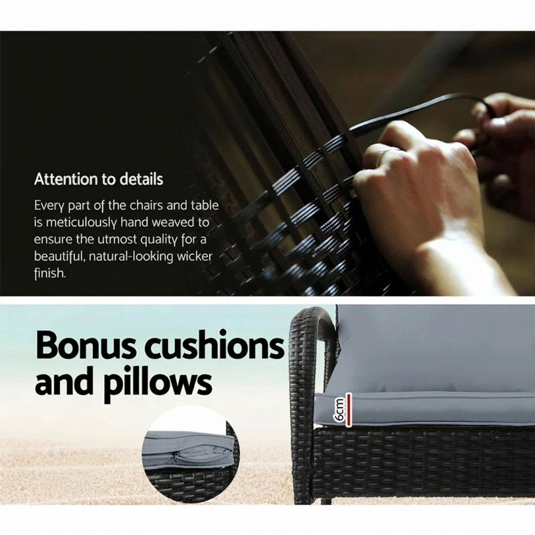 6 Gardeon 3PC Rocking Chair Table Wicker Outdoor Furniture Patio Bistro Set - Black, 6 of 8