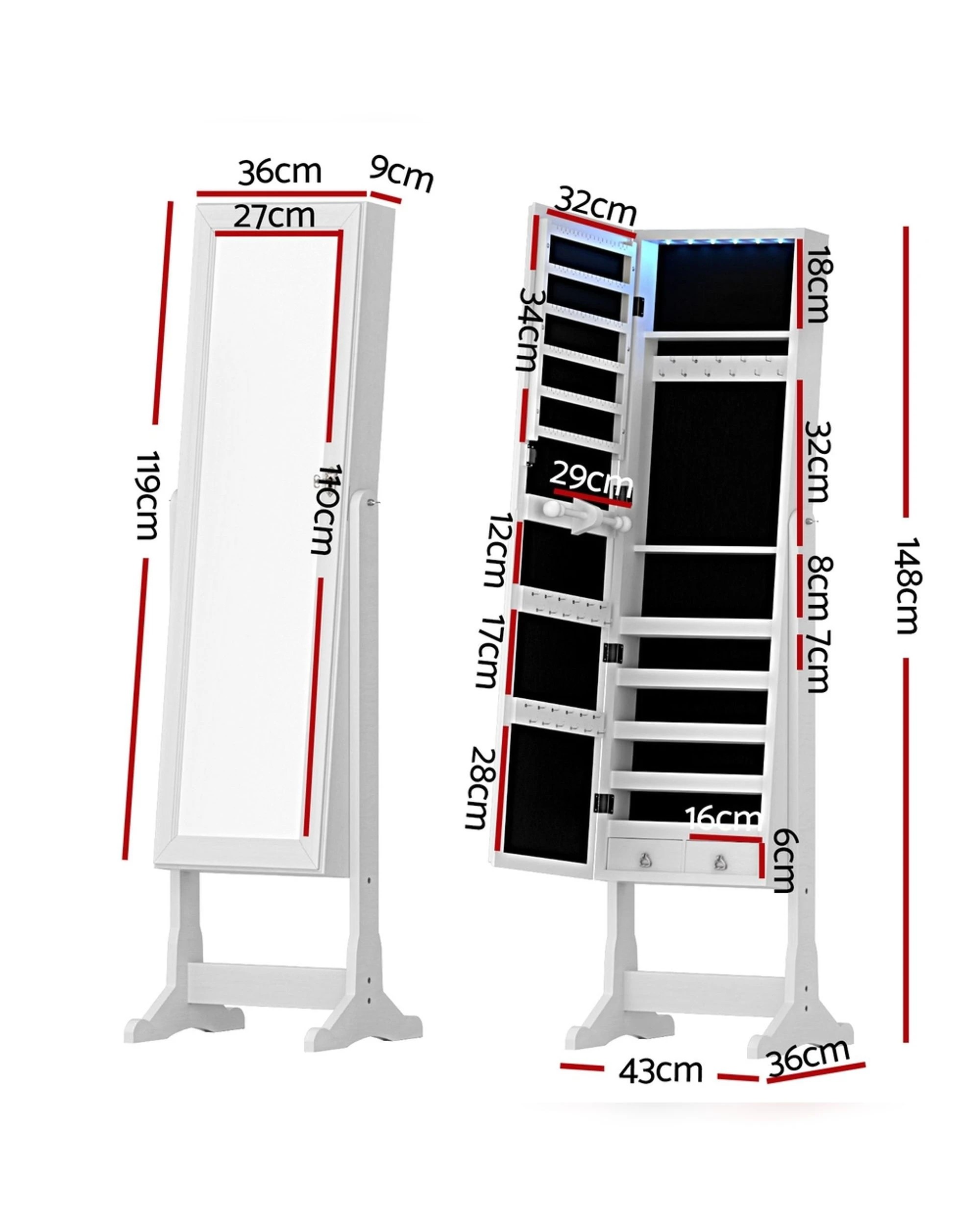 2 Artiss Jewellery Cabinet Mirror Free Standing
 - White, 2 of 3
