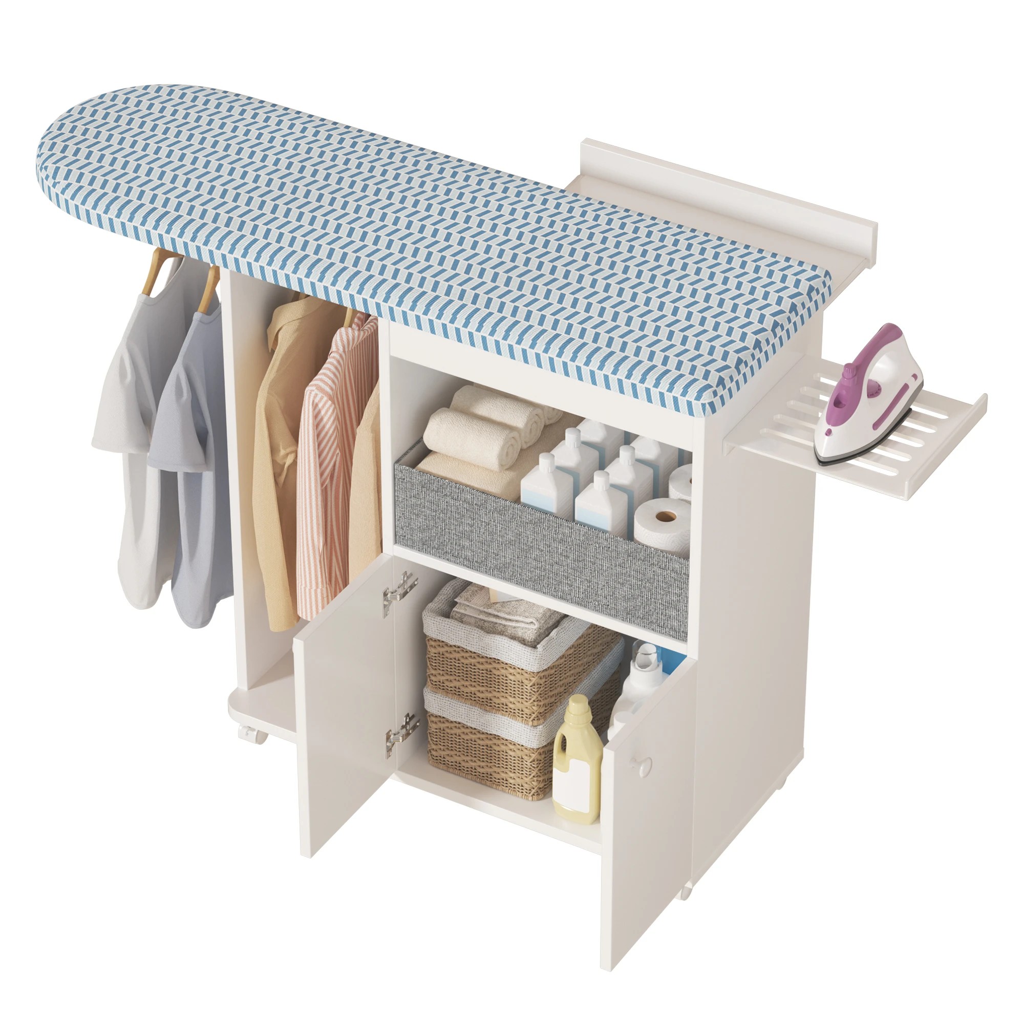 4 Advwin Ironing Board on Wheels with Storage Cabinet Iron Rack Hanger Rod Fabric Drawer - White, 4 of 10