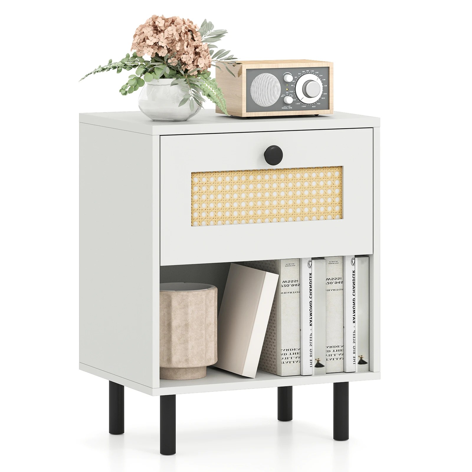 5 Costway Rattan Nightstand Boho Bedside Table Sofa Side Accent End Table Drawer Open Storage Shelf Metal Legs, 5 of 6