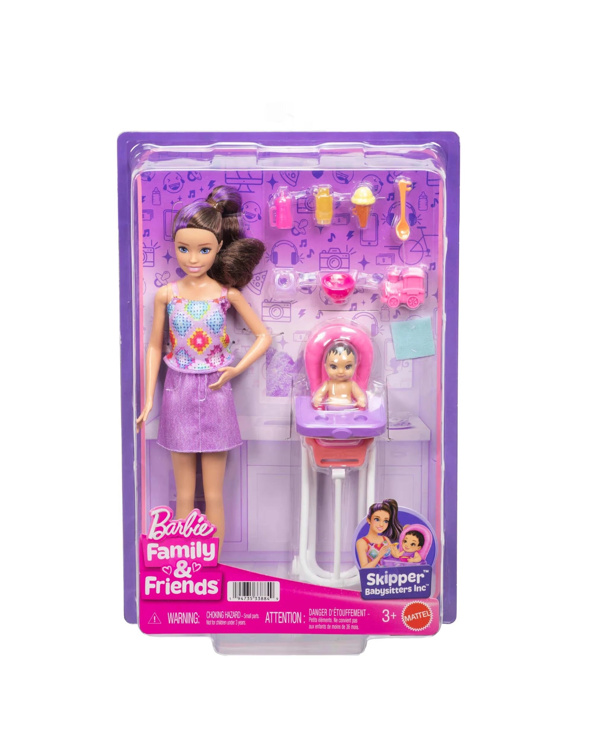 1 Barbie Family and Friends Skipper Babysitters Inc Brown/Purple Hair Doll and Baby Feeding Playset, 1 of 4
