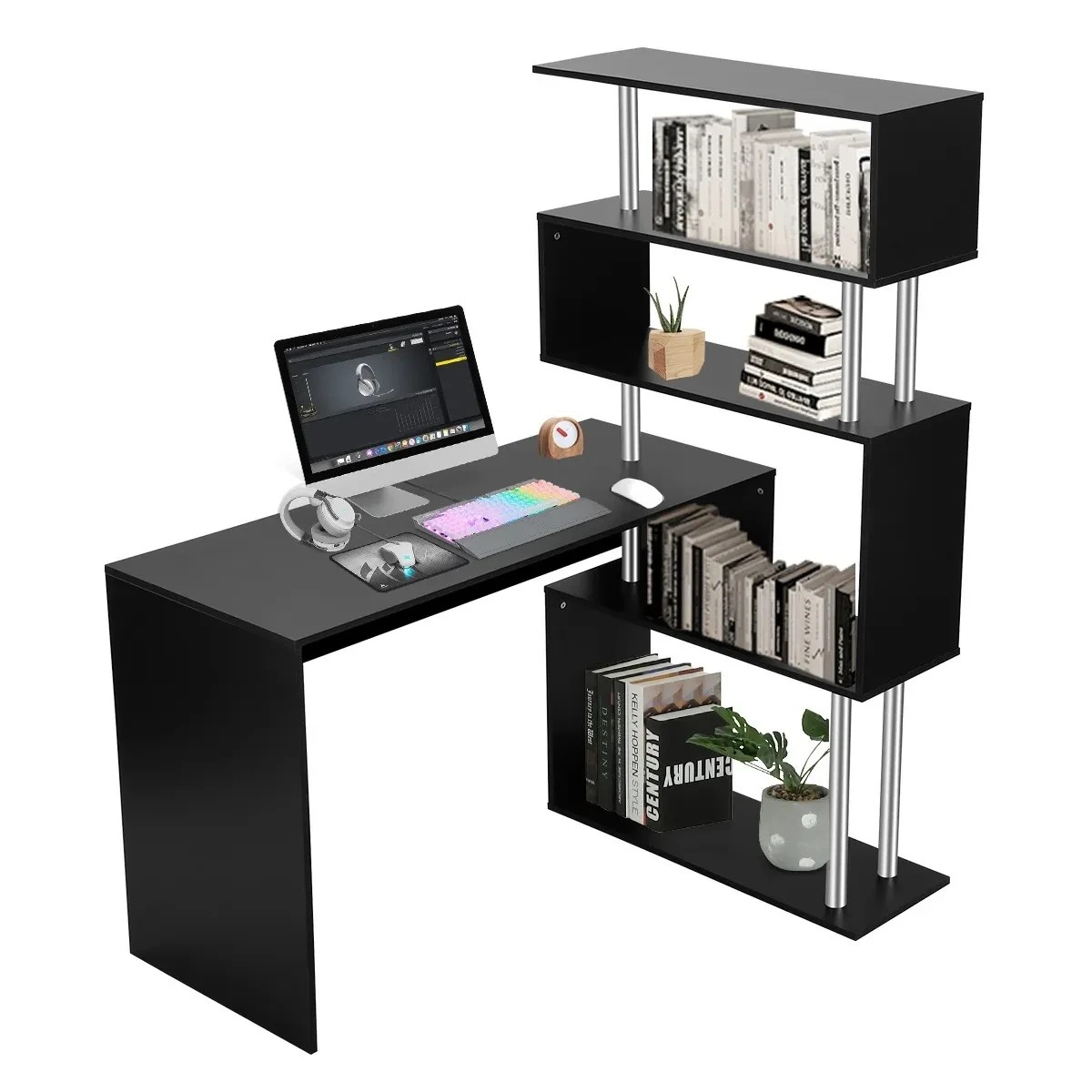 7 AUSWAY Home Office Computer Desk Corner Table Tier Bookshelf Storage L-Shaped Rotating Table Black, 7 of 7