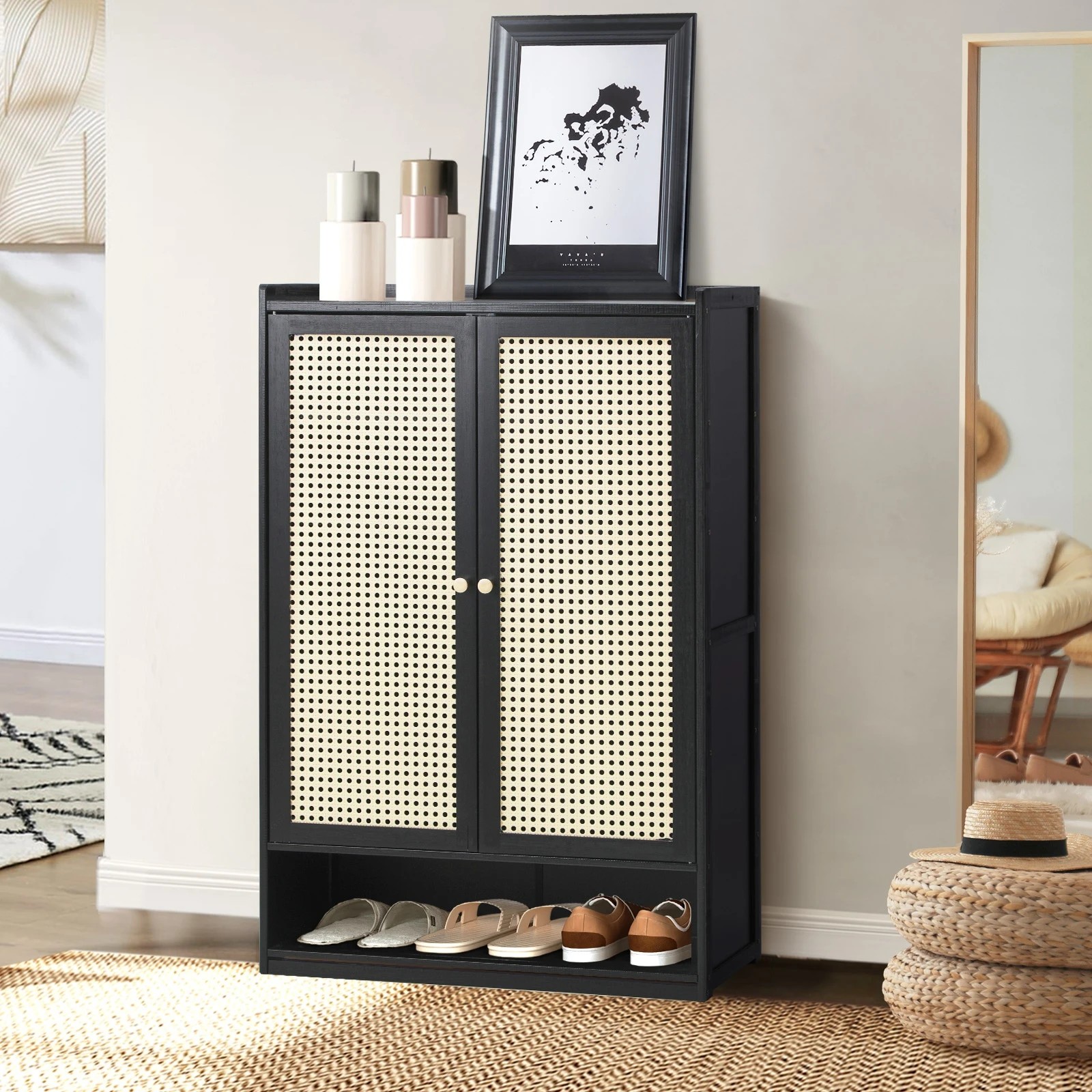 2 Oikiture Shoe Storage Cabinet Shoes Rack Organiser Shelf 2 Doors Rattan
 - Black, 2 of 10