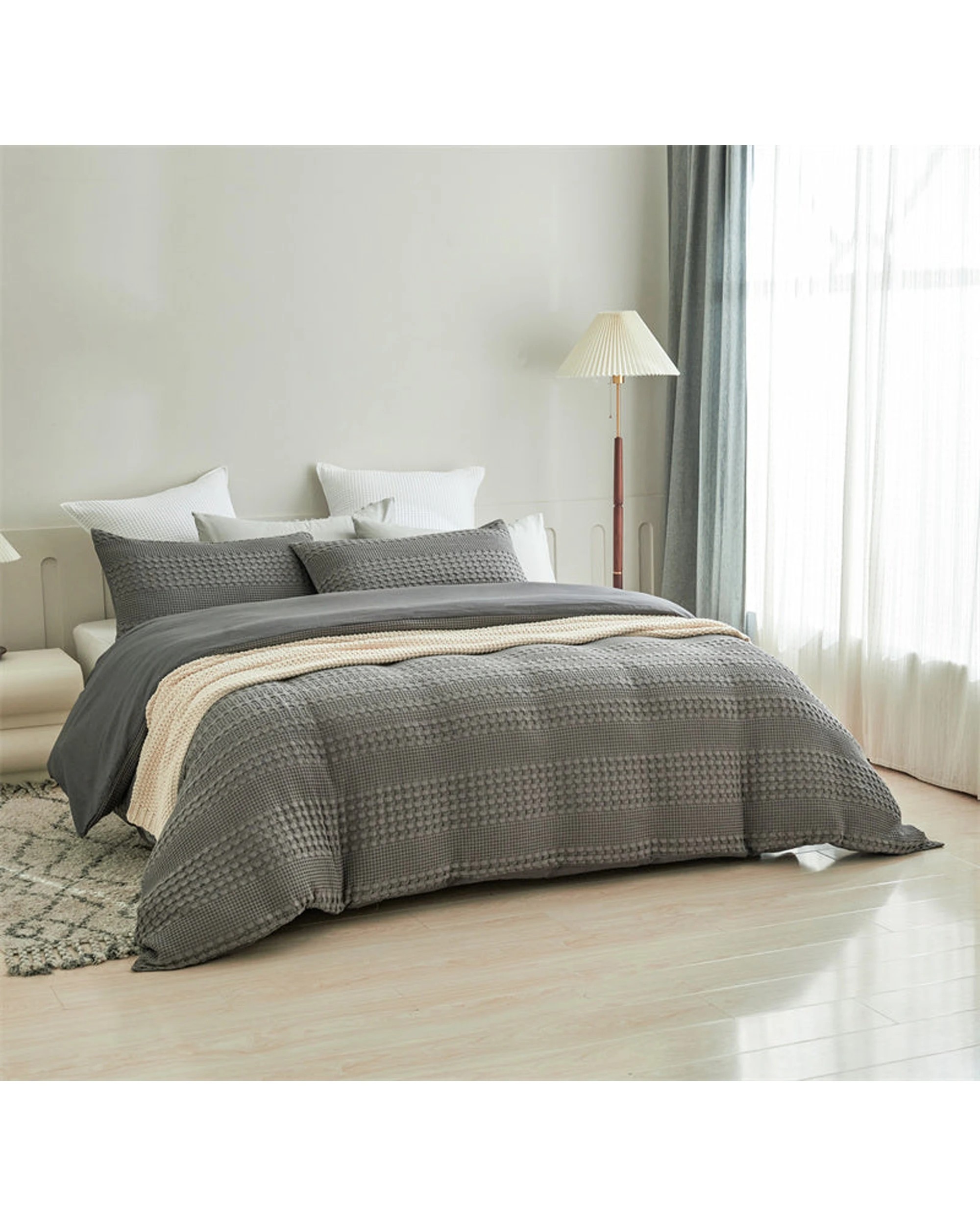 3 Cotton More 100% Cotton Striped Large Waffle Pattern Quilt Doona Set Queen - Grey, 3 of 7