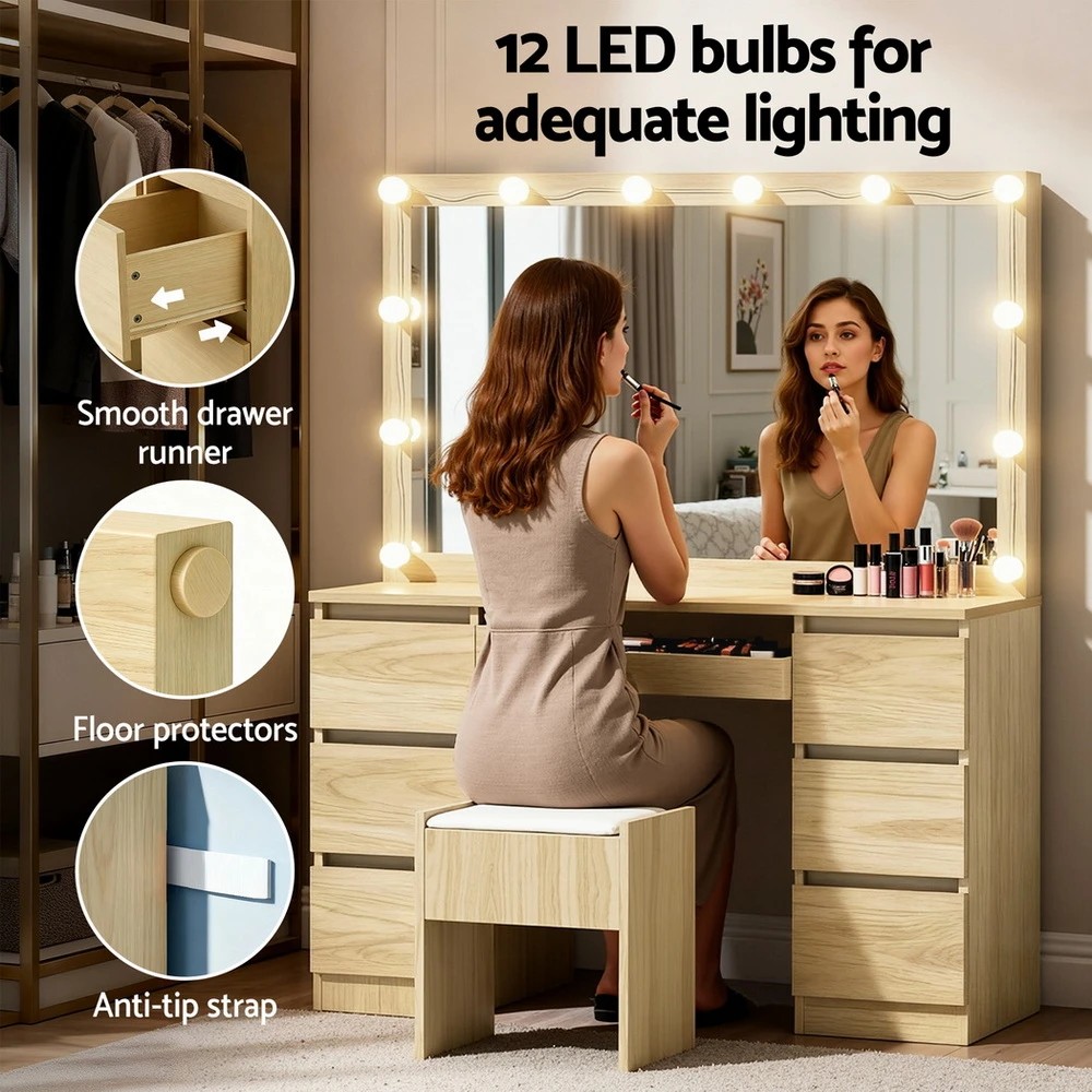 7 Artiss Dressing Table Vanity Desk Set Stool 12 Led Bulbs Wood - Natural, 7 of 8