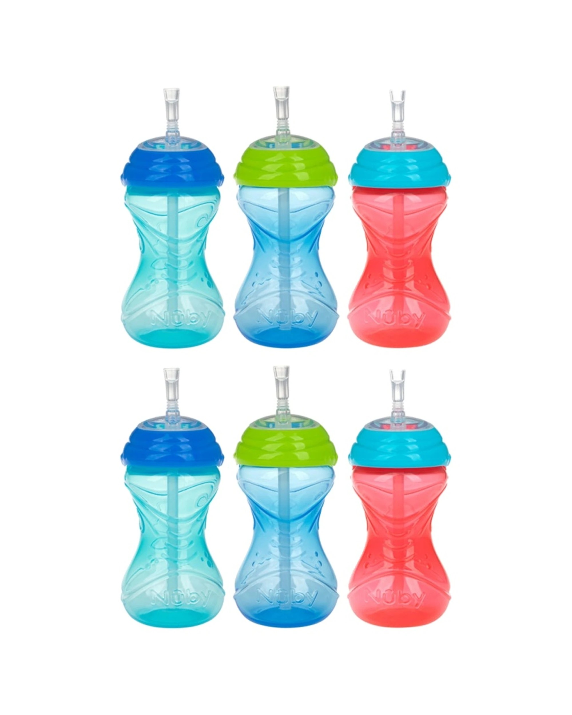 1 Nuby 2x 3pc No Spill Flexi-Straw Gripper Cup Kids Drink Bottle 300ml - Multi, 1 of 2