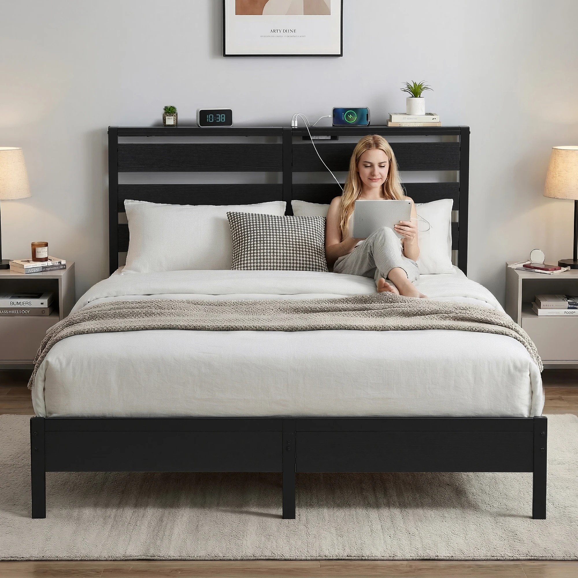 5 Artiss Bed Frame Queen Size LED Metal Bed Base with Charging - Black, 5 of 6