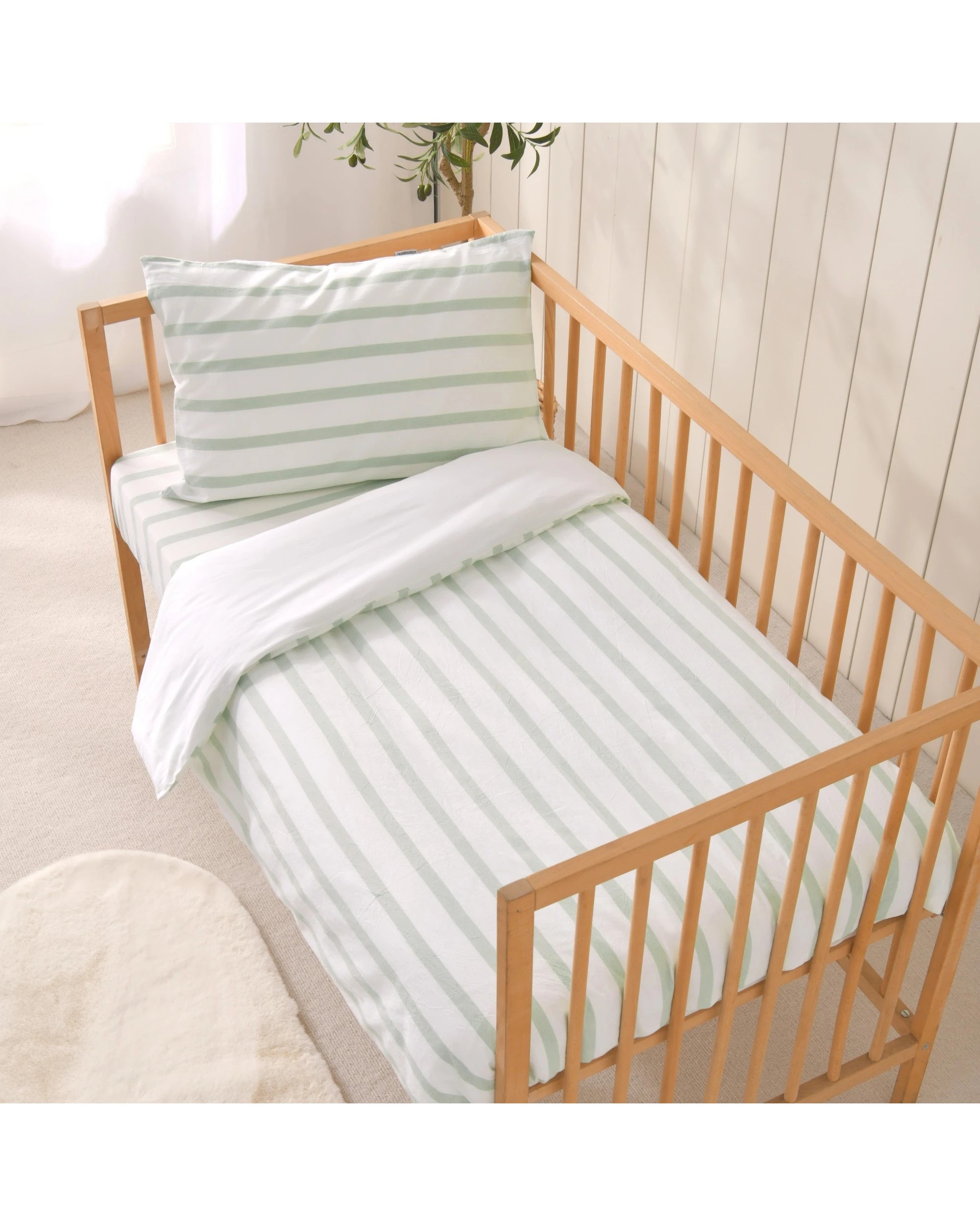 3 Dreamaker Baby Bask Washed Cotton Yarn Dyed Stripe Quilt Cover Set - COT Size - Sage, 3 of 7